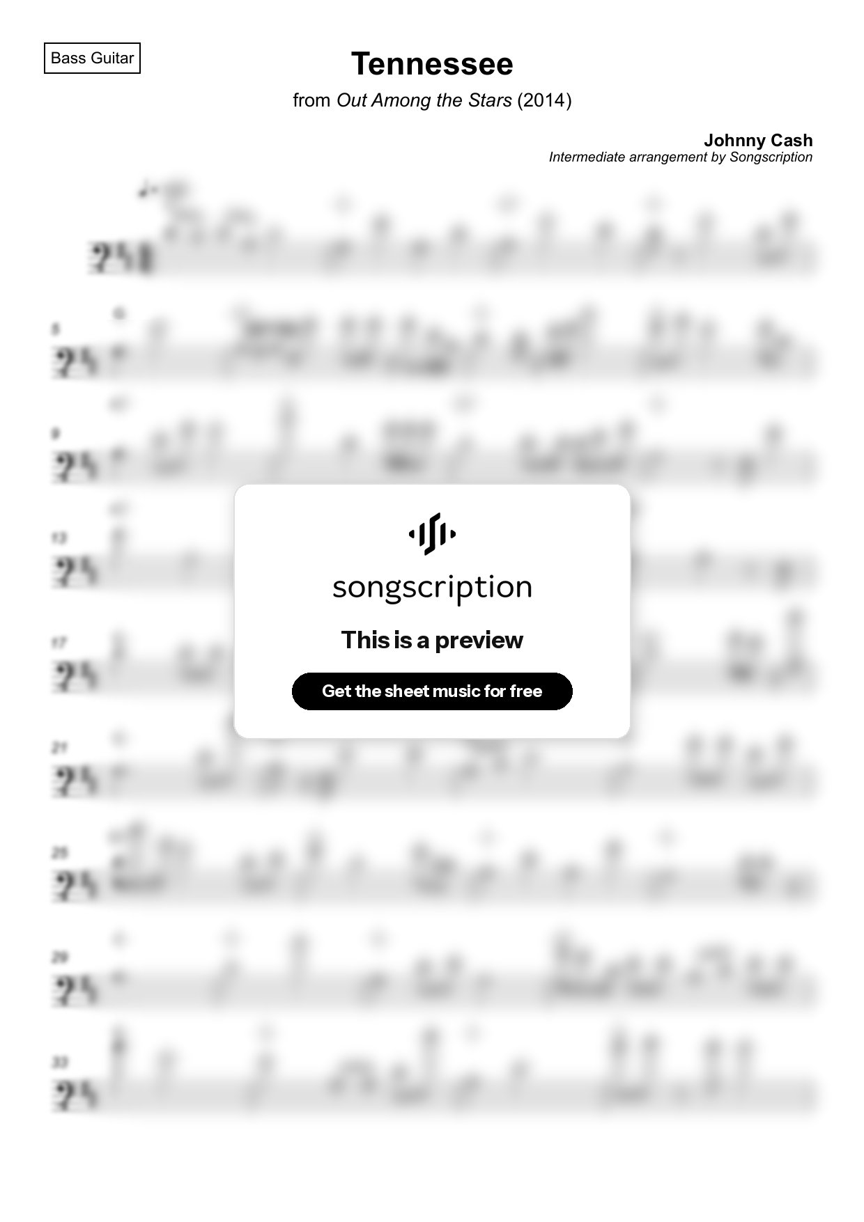 Intermediate Bass Guitar Sheet Music for "Tennessee" by Johnny Cash