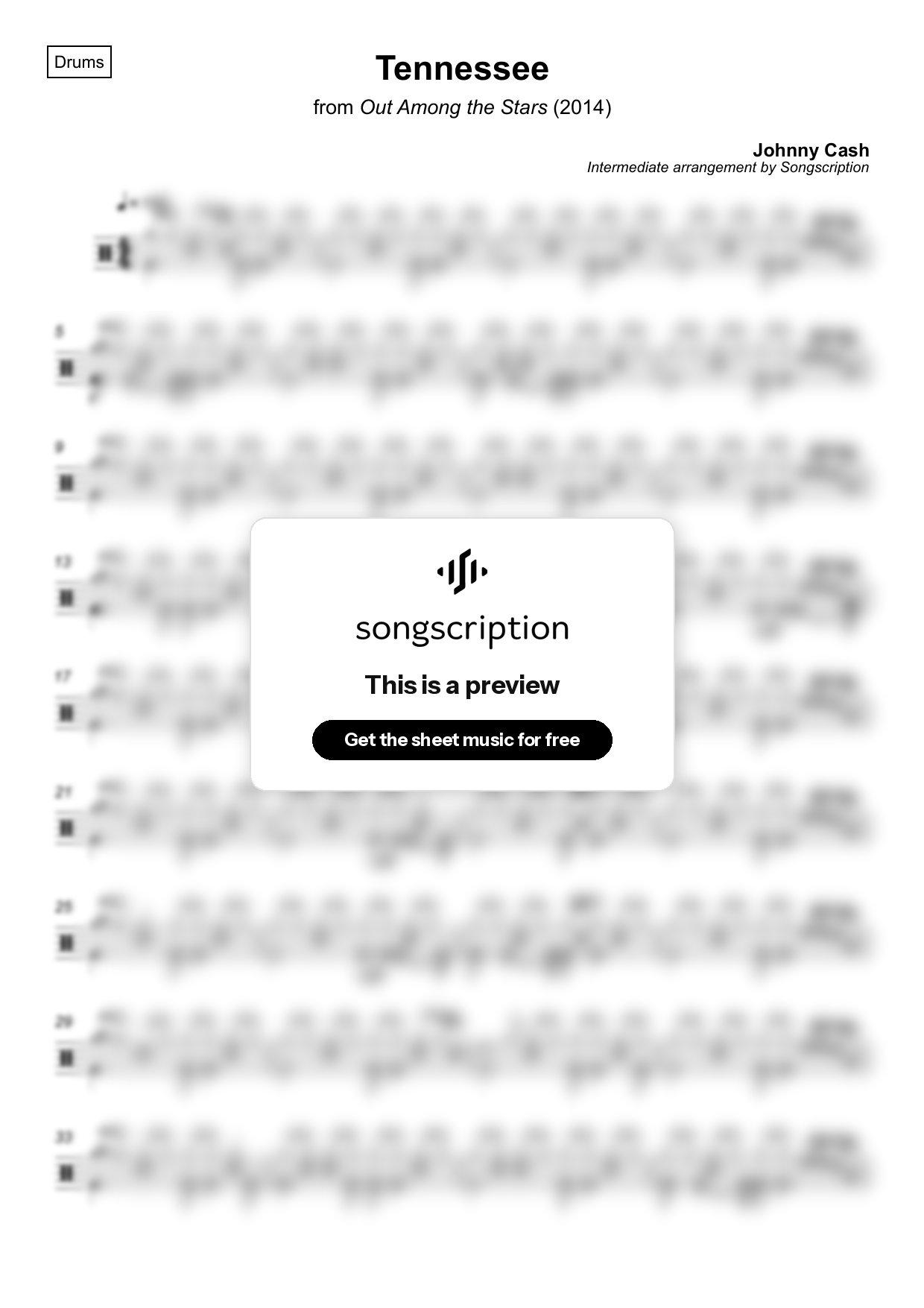 Intermediate Drums Sheet Music for "Tennessee" by Johnny Cash
