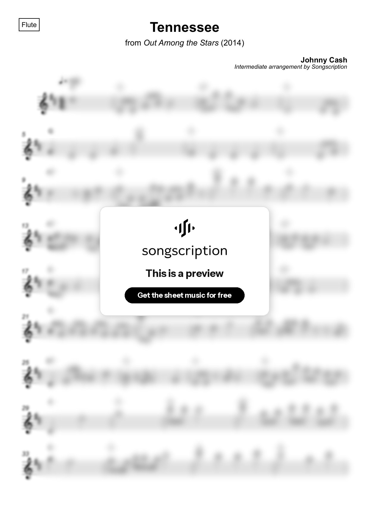 Intermediate Flute Sheet Music for "Tennessee" by Johnny Cash