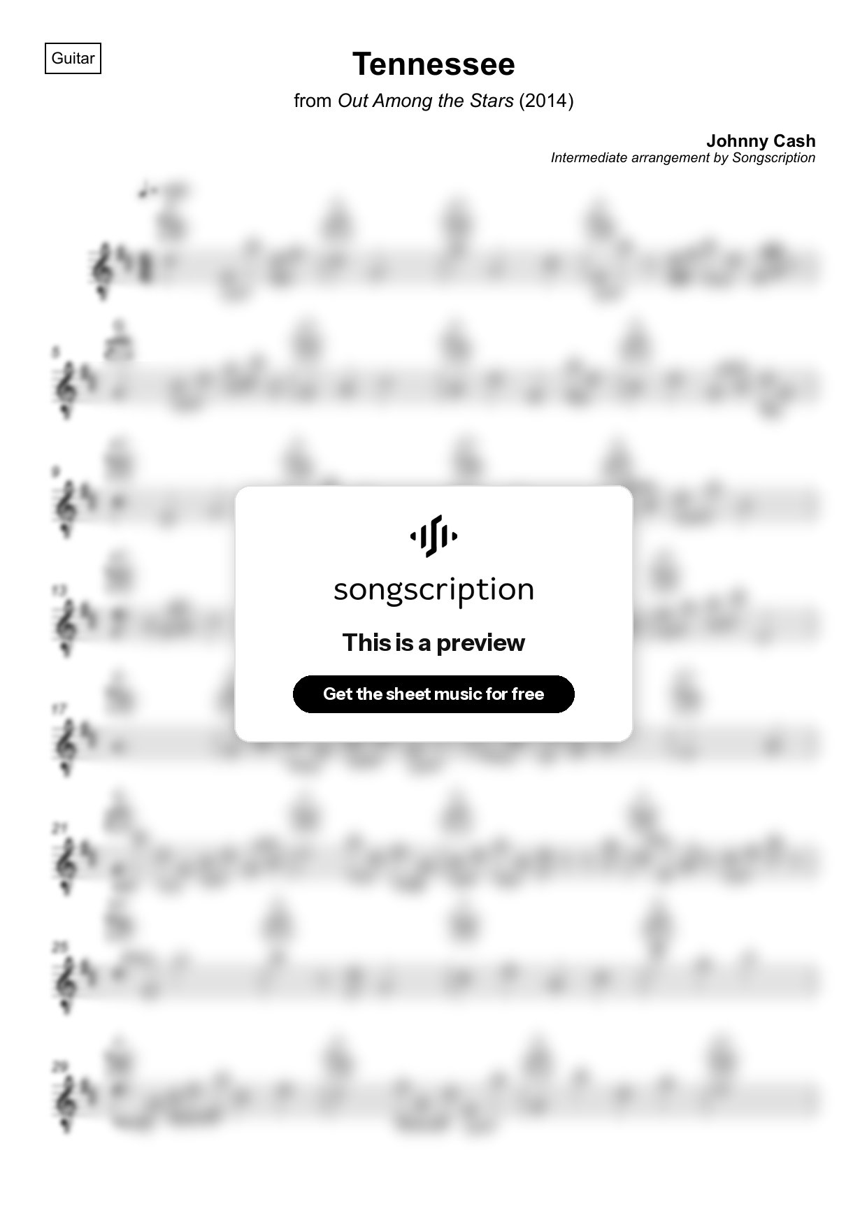 Intermediate Acoustic Guitar Sheet Music for "Tennessee" by Johnny Cash