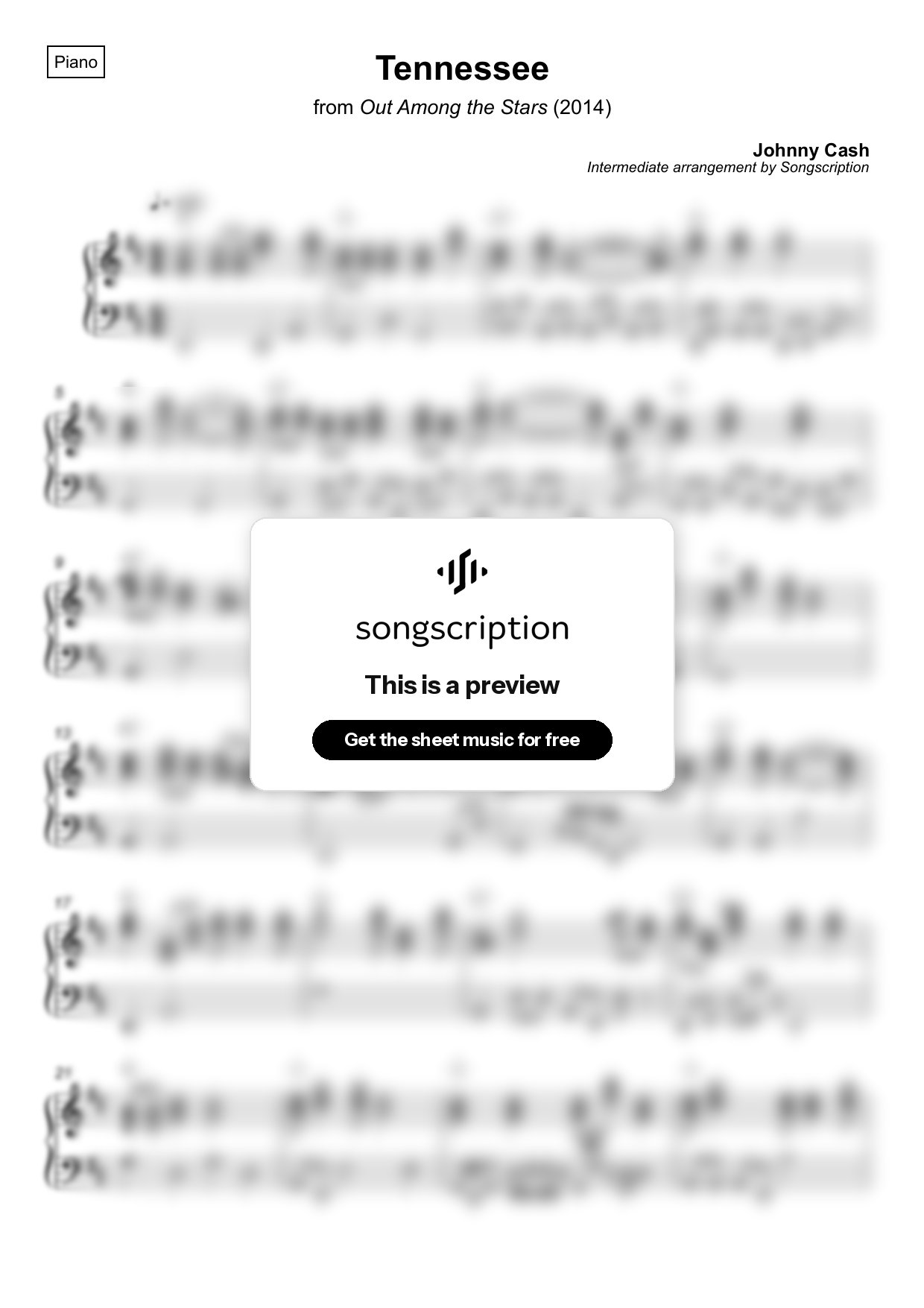 Intermediate Piano Sheet Music for "Tennessee" by Johnny Cash