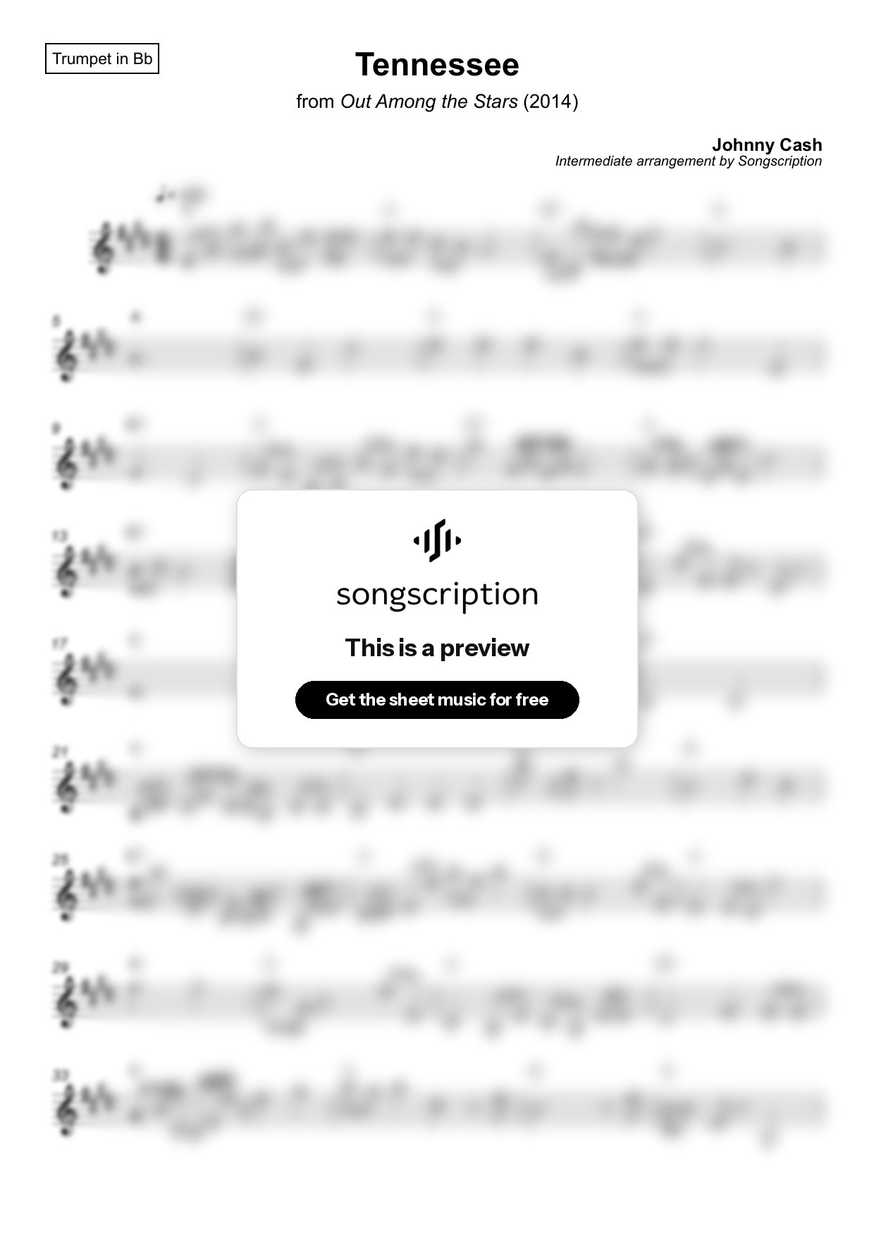 Intermediate Trumpet Sheet Music for "Tennessee" by Johnny Cash