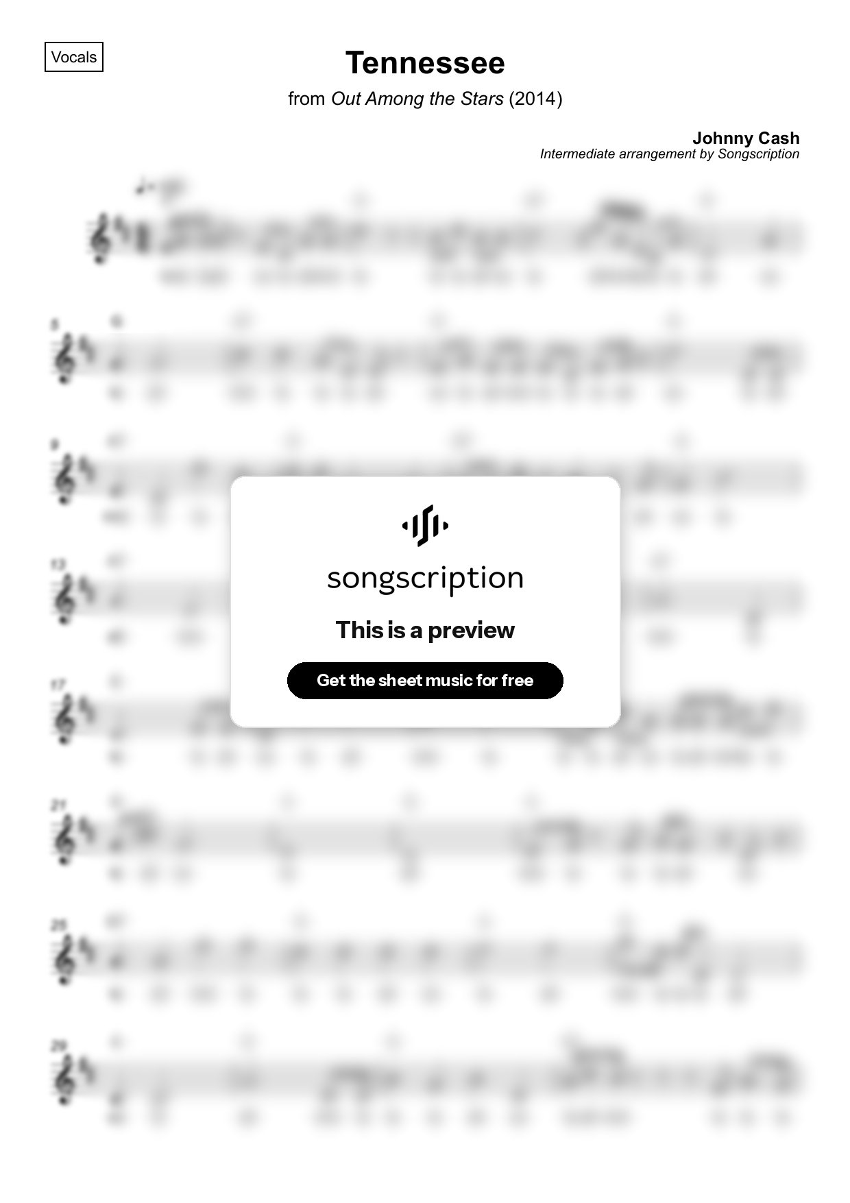 Intermediate Vocals Sheet Music for "Tennessee" by Johnny Cash