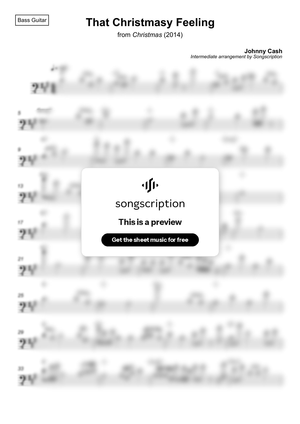 Intermediate Bass Guitar Sheet Music for "That Christmasy Feeling" by Johnny Cash