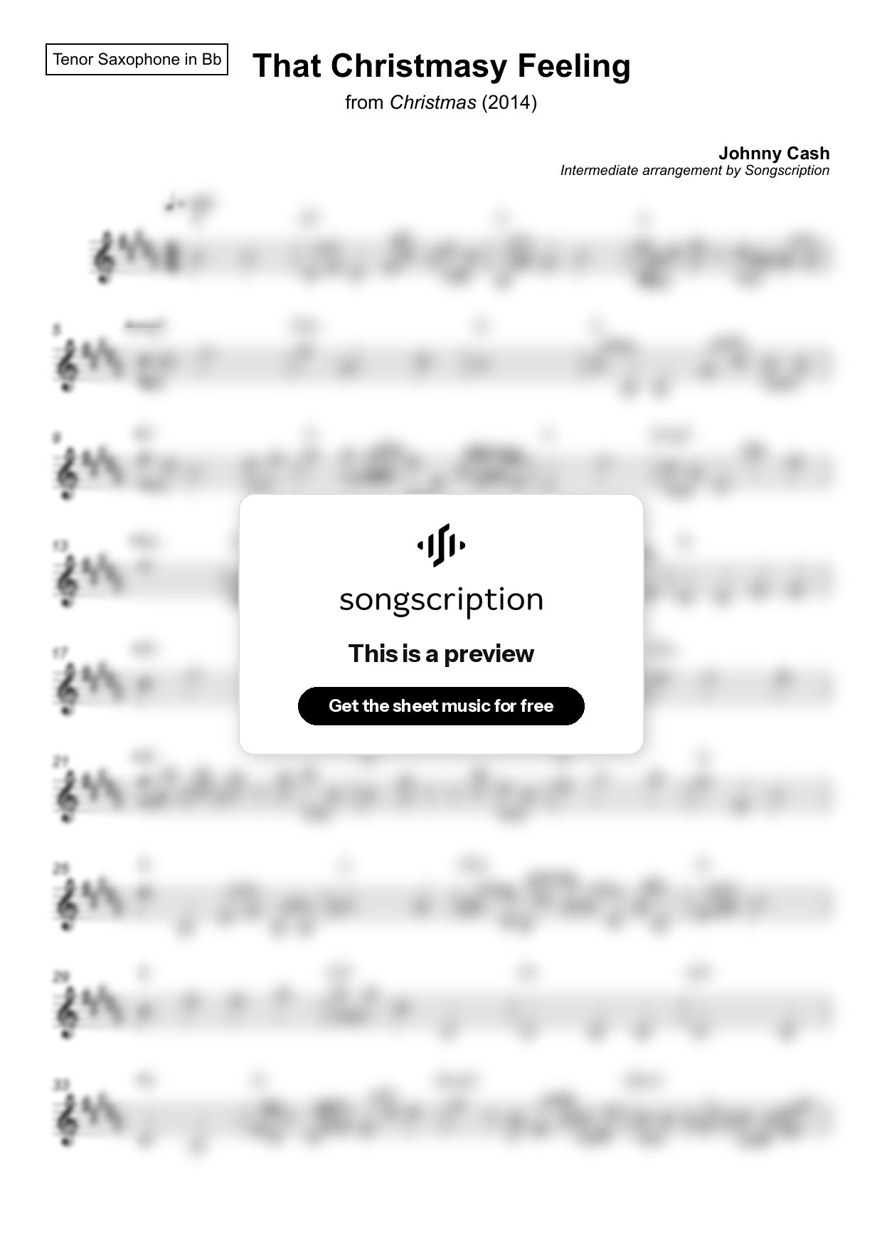 Intermediate Tenor Sax Sheet Music for "That Christmasy Feeling" by Johnny Cash