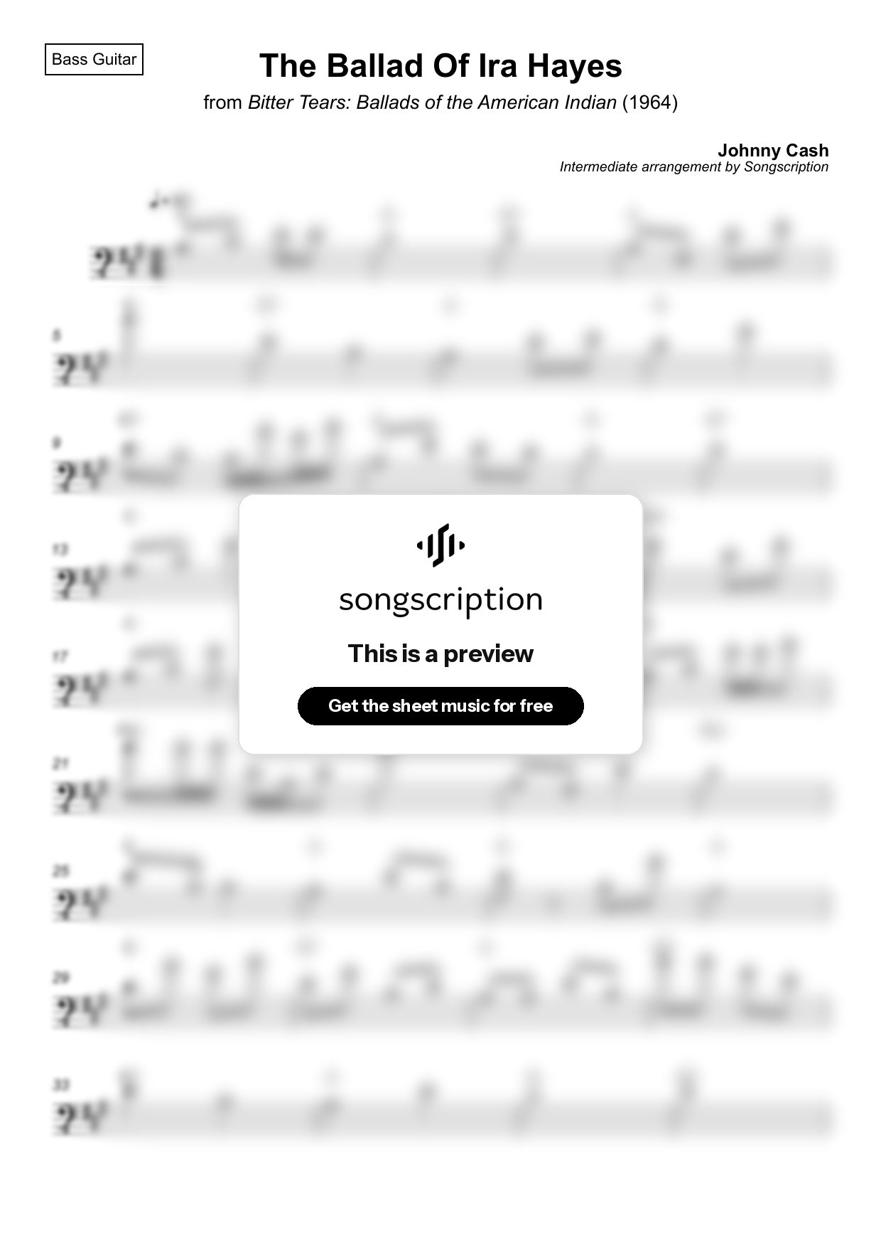 Intermediate Bass Guitar Sheet Music for "The Ballad Of Ira Hayes" by Johnny Cash