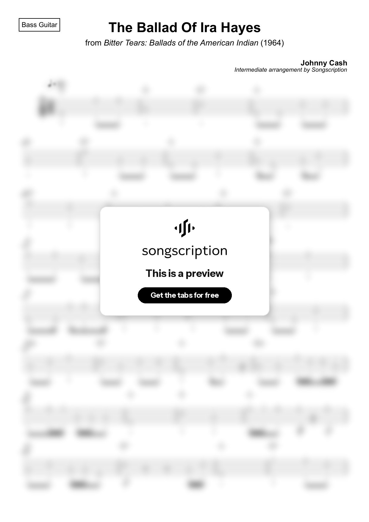Intermediate Bass Guitar Tabs for "The Ballad Of Ira Hayes" by Johnny Cash