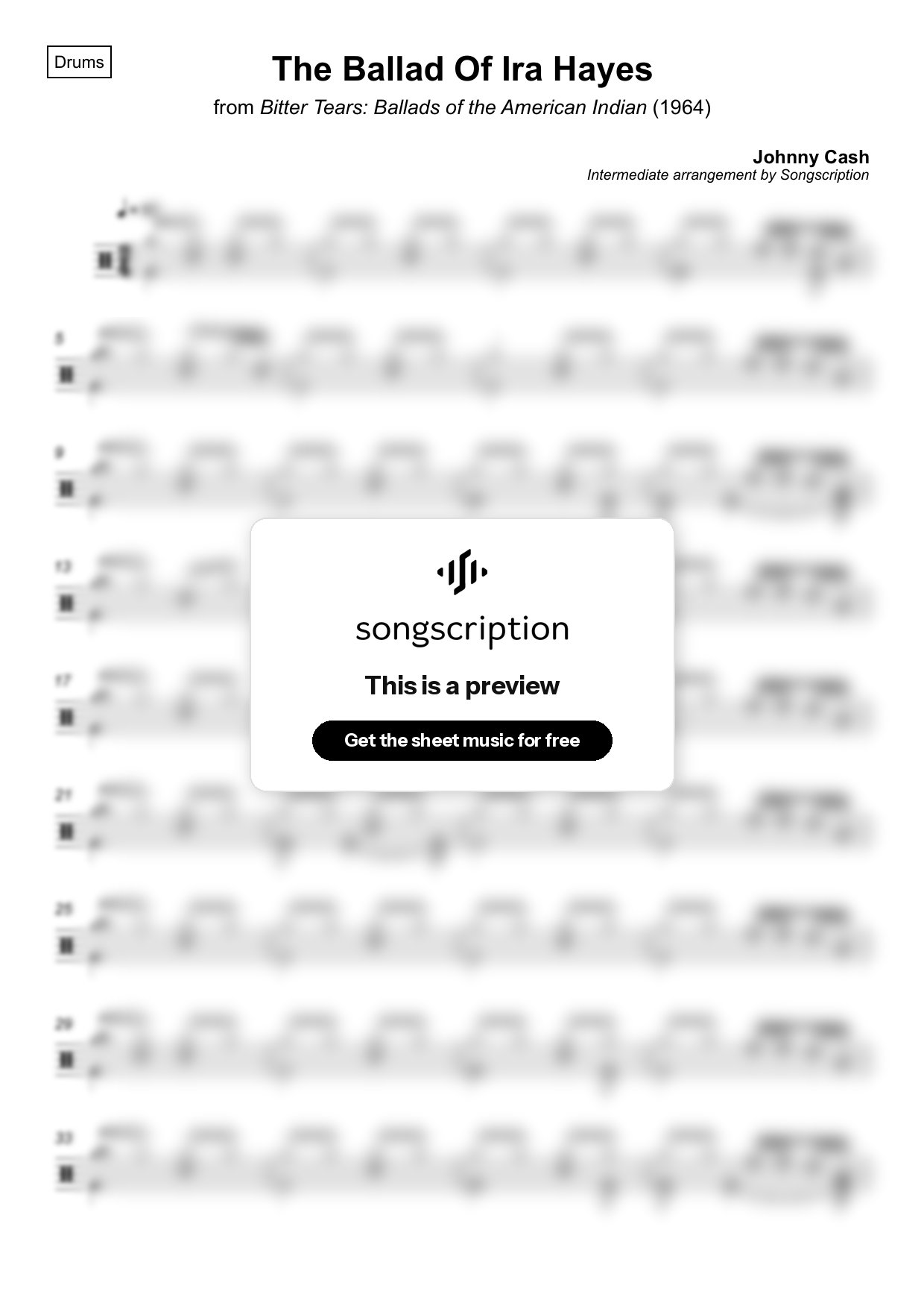 Intermediate Drums Sheet Music for "The Ballad Of Ira Hayes" by Johnny Cash