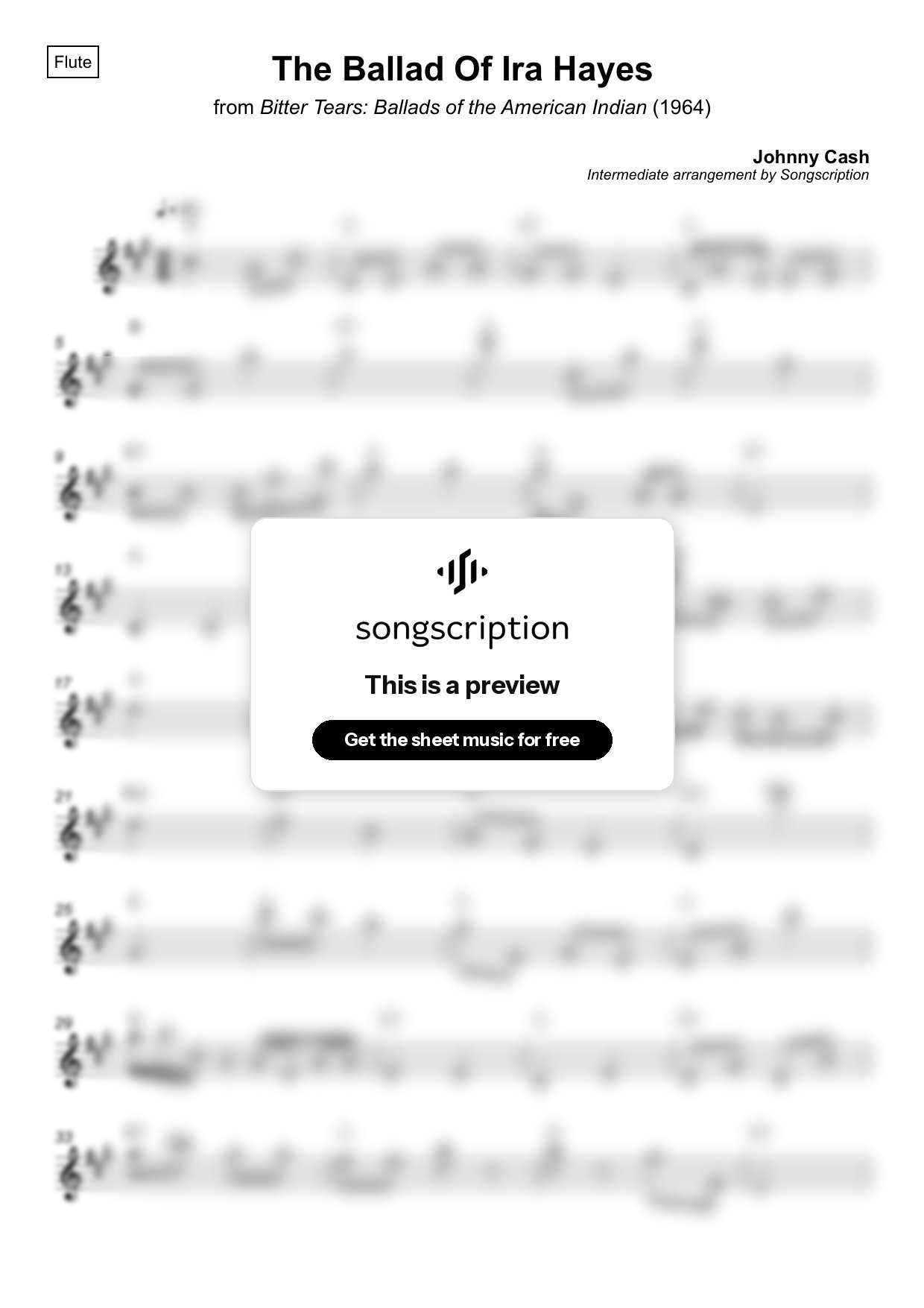 Intermediate Flute Sheet Music for "The Ballad Of Ira Hayes" by Johnny Cash