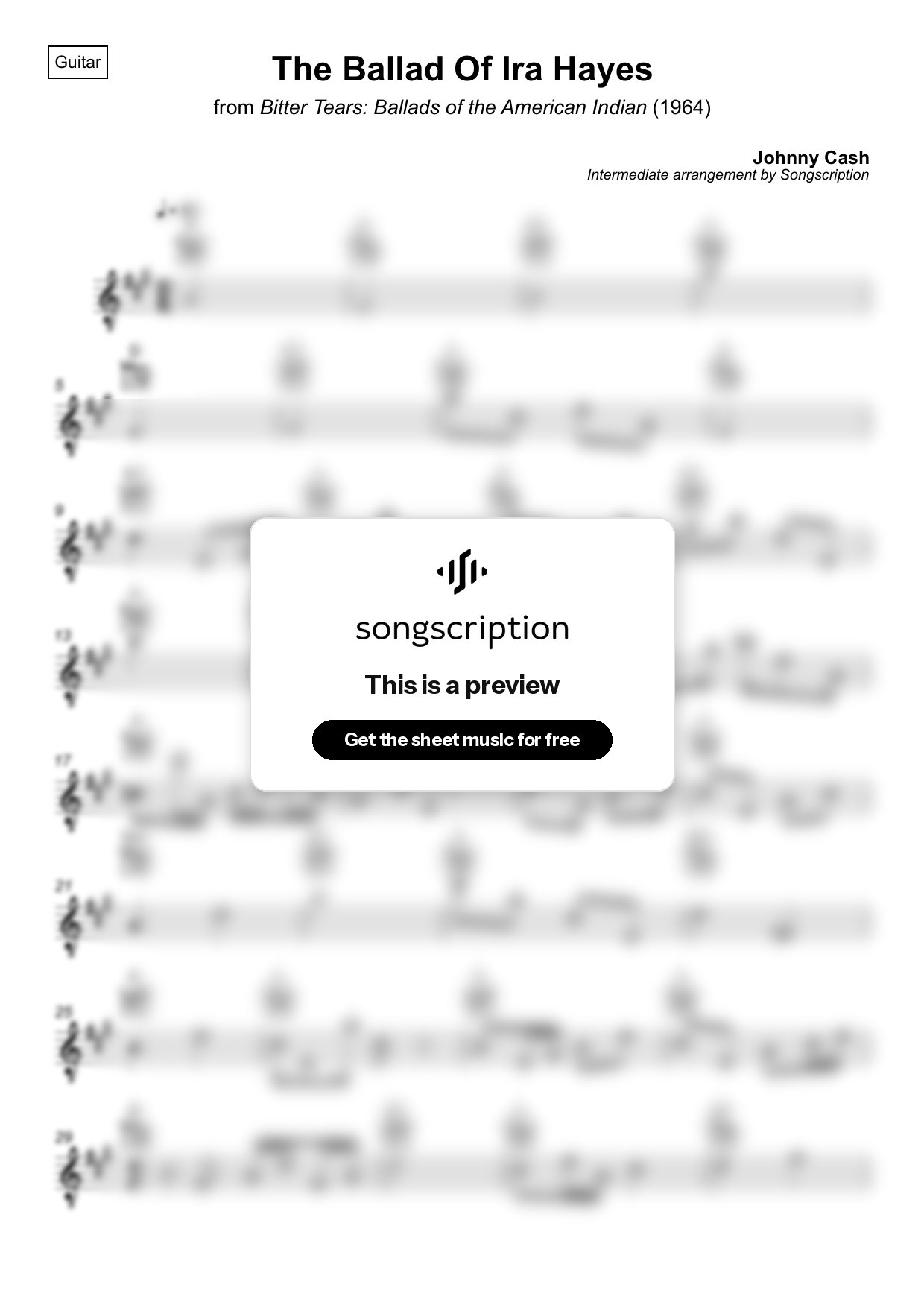 Intermediate Acoustic Guitar Sheet Music for "The Ballad Of Ira Hayes" by Johnny Cash