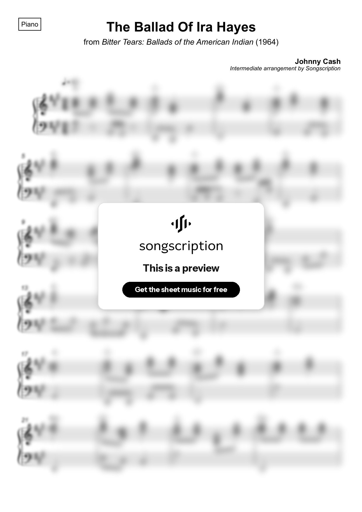 Intermediate Piano Sheet Music for "The Ballad Of Ira Hayes" by Johnny Cash
