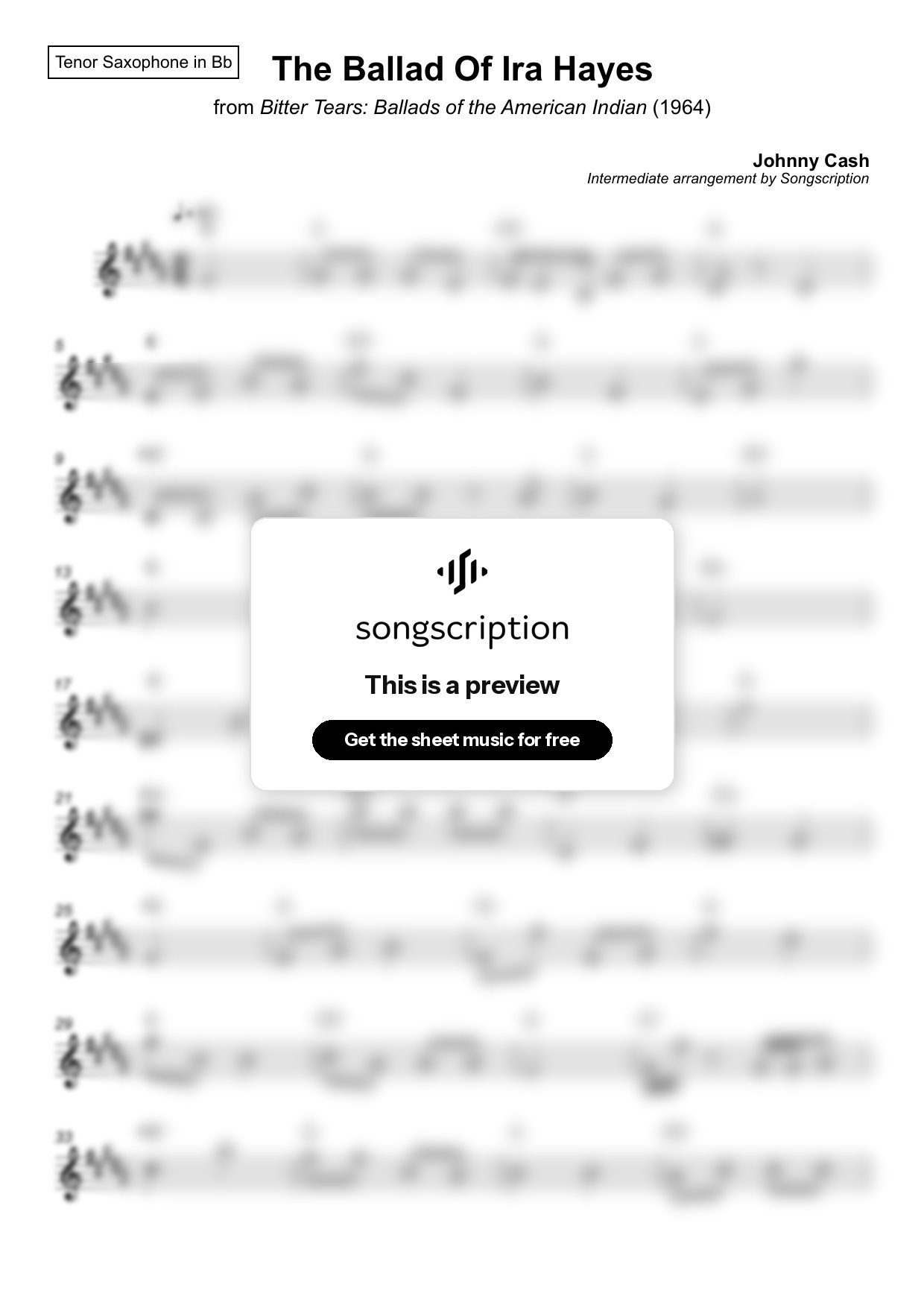 Intermediate Tenor Sax Sheet Music for "The Ballad Of Ira Hayes" by Johnny Cash