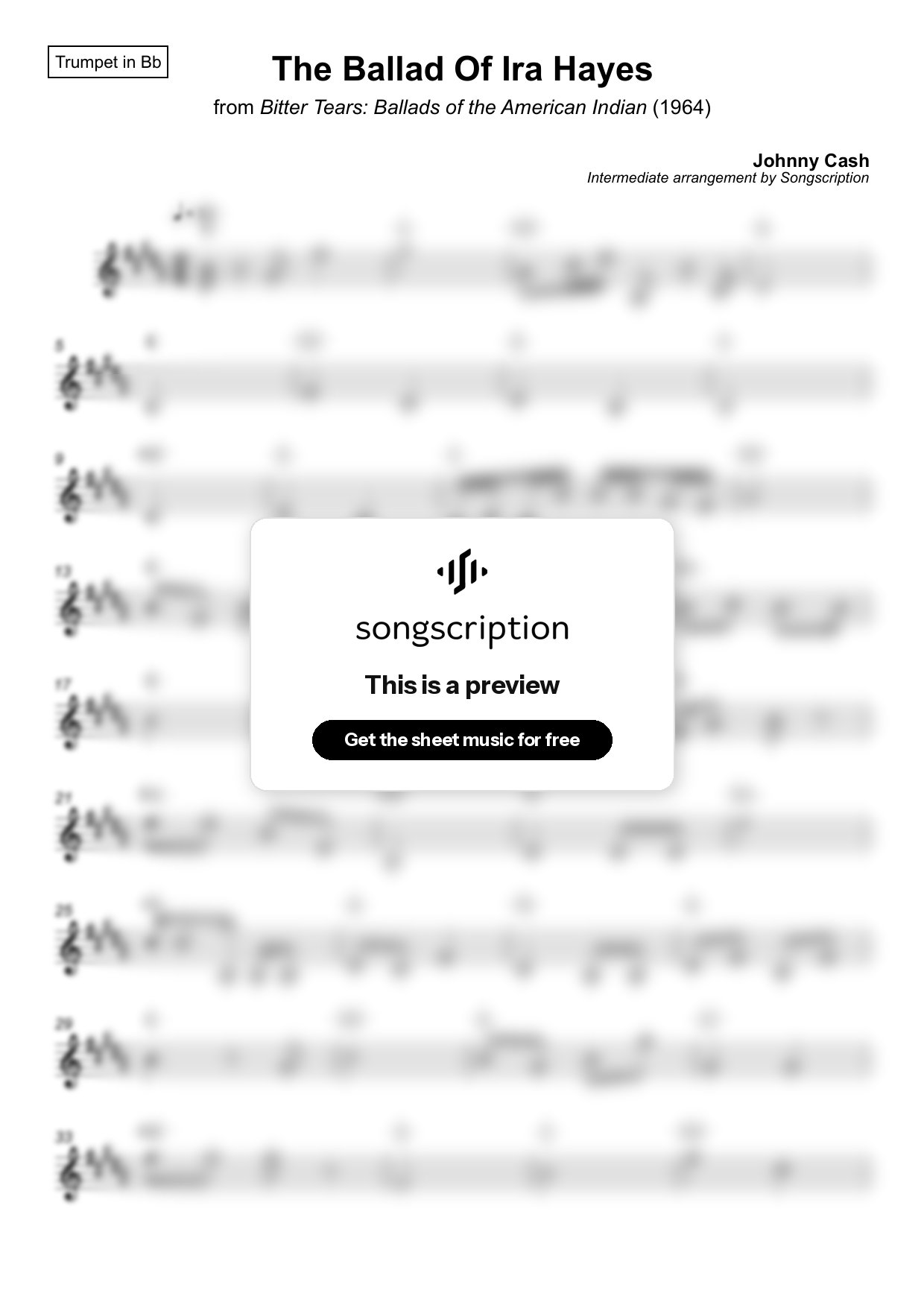 Intermediate Trumpet Sheet Music for "The Ballad Of Ira Hayes" by Johnny Cash