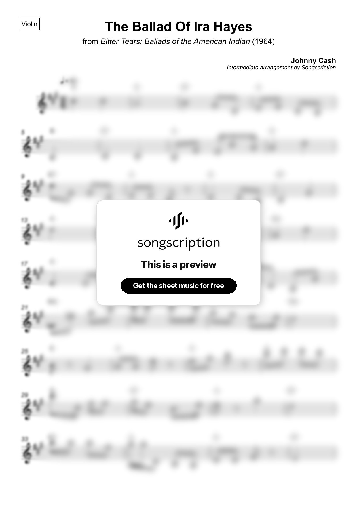 Intermediate Violin Sheet Music for "The Ballad Of Ira Hayes" by Johnny Cash