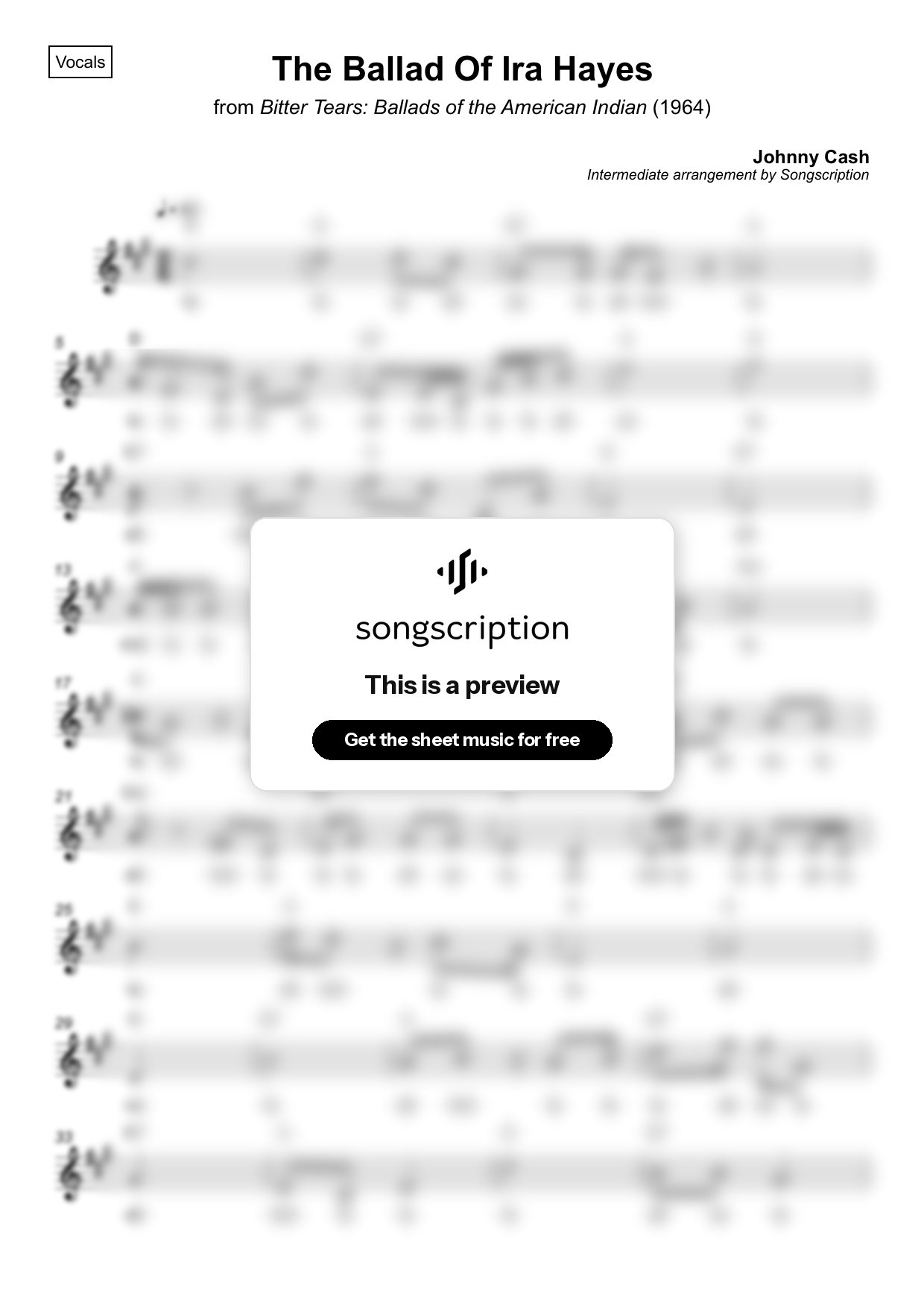 Intermediate Vocals Sheet Music for "The Ballad Of Ira Hayes" by Johnny Cash