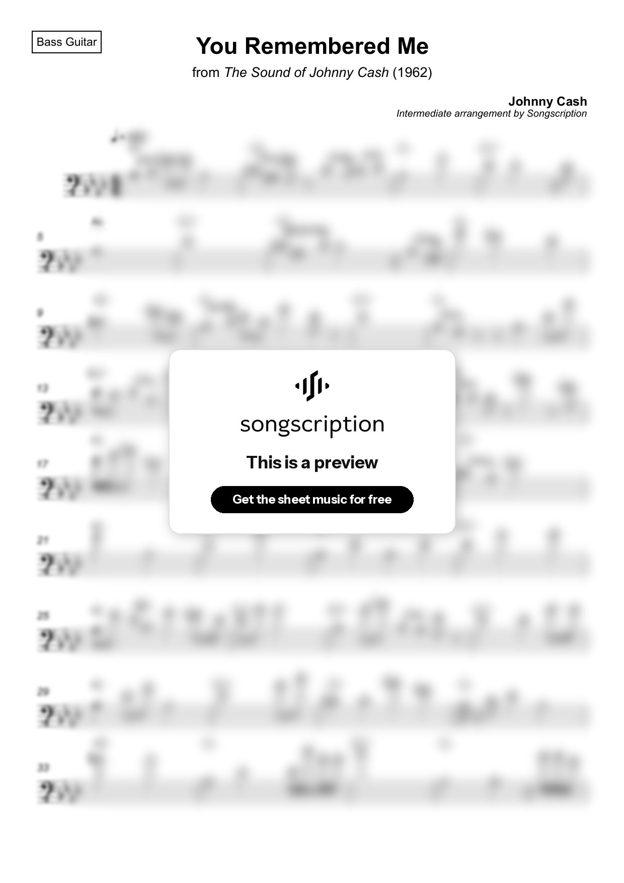 Intermediate Bass Guitar Sheet Music for "You Remembered Me" by Johnny Cash