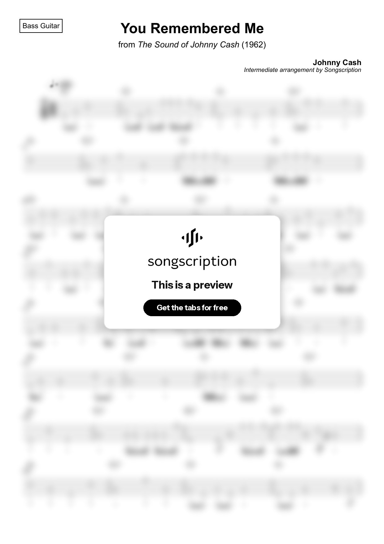 Intermediate Bass Guitar Tabs for "You Remembered Me" by Johnny Cash