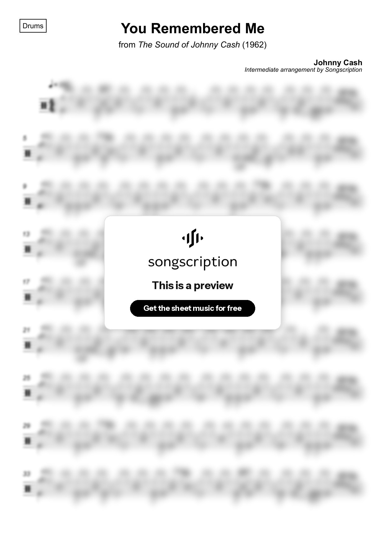 Intermediate Drums Sheet Music for "You Remembered Me" by Johnny Cash