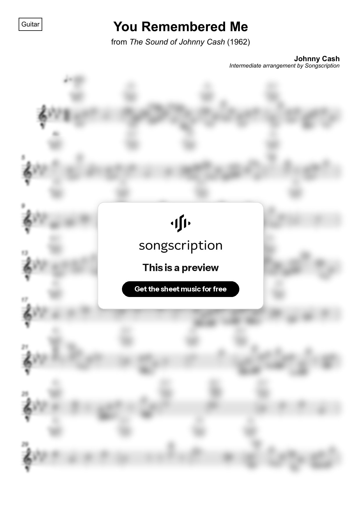 Intermediate Acoustic Guitar Sheet Music for "You Remembered Me" by Johnny Cash