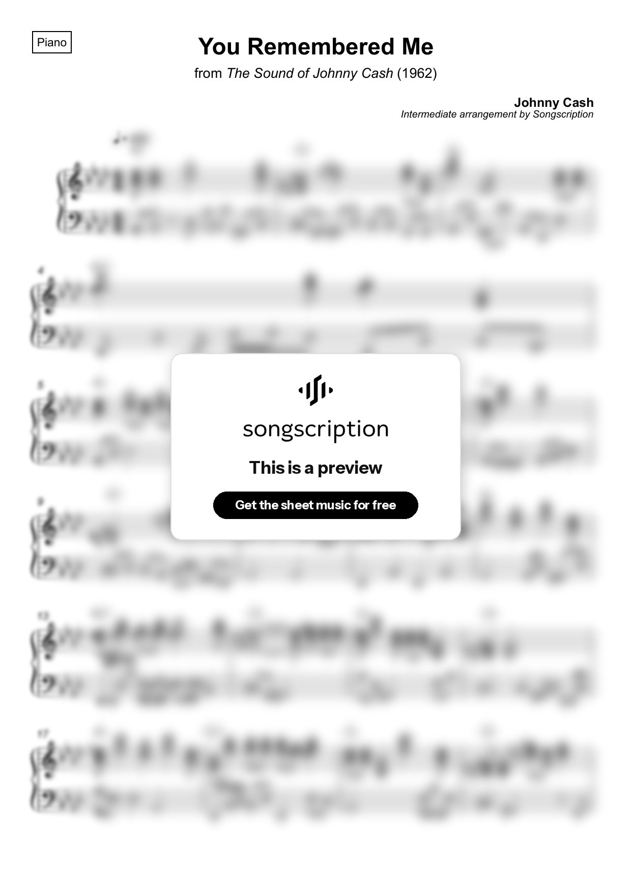 Intermediate Piano Sheet Music for "You Remembered Me" by Johnny Cash