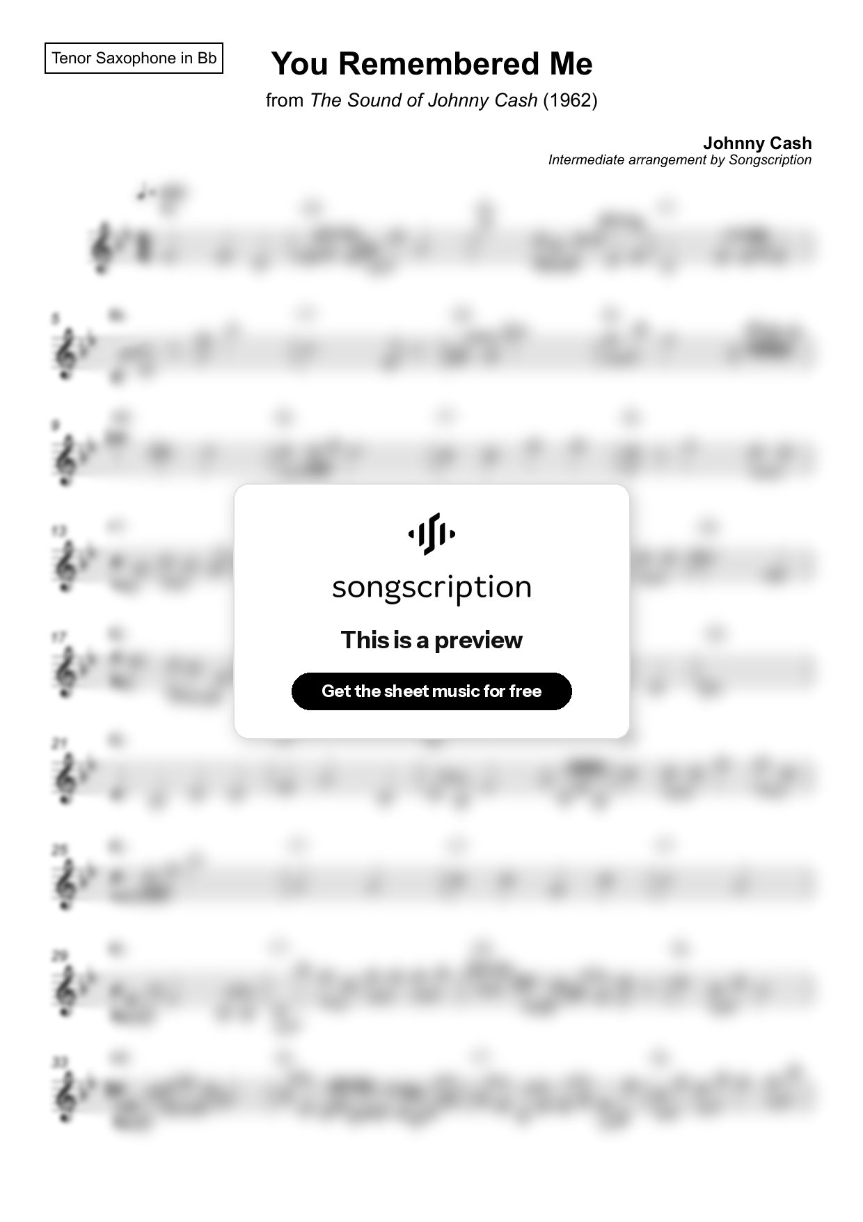 Intermediate Tenor Sax Sheet Music for "You Remembered Me" by Johnny Cash
