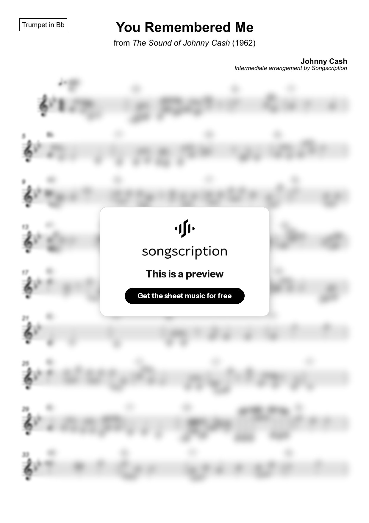 Intermediate Trumpet Sheet Music for "You Remembered Me" by Johnny Cash