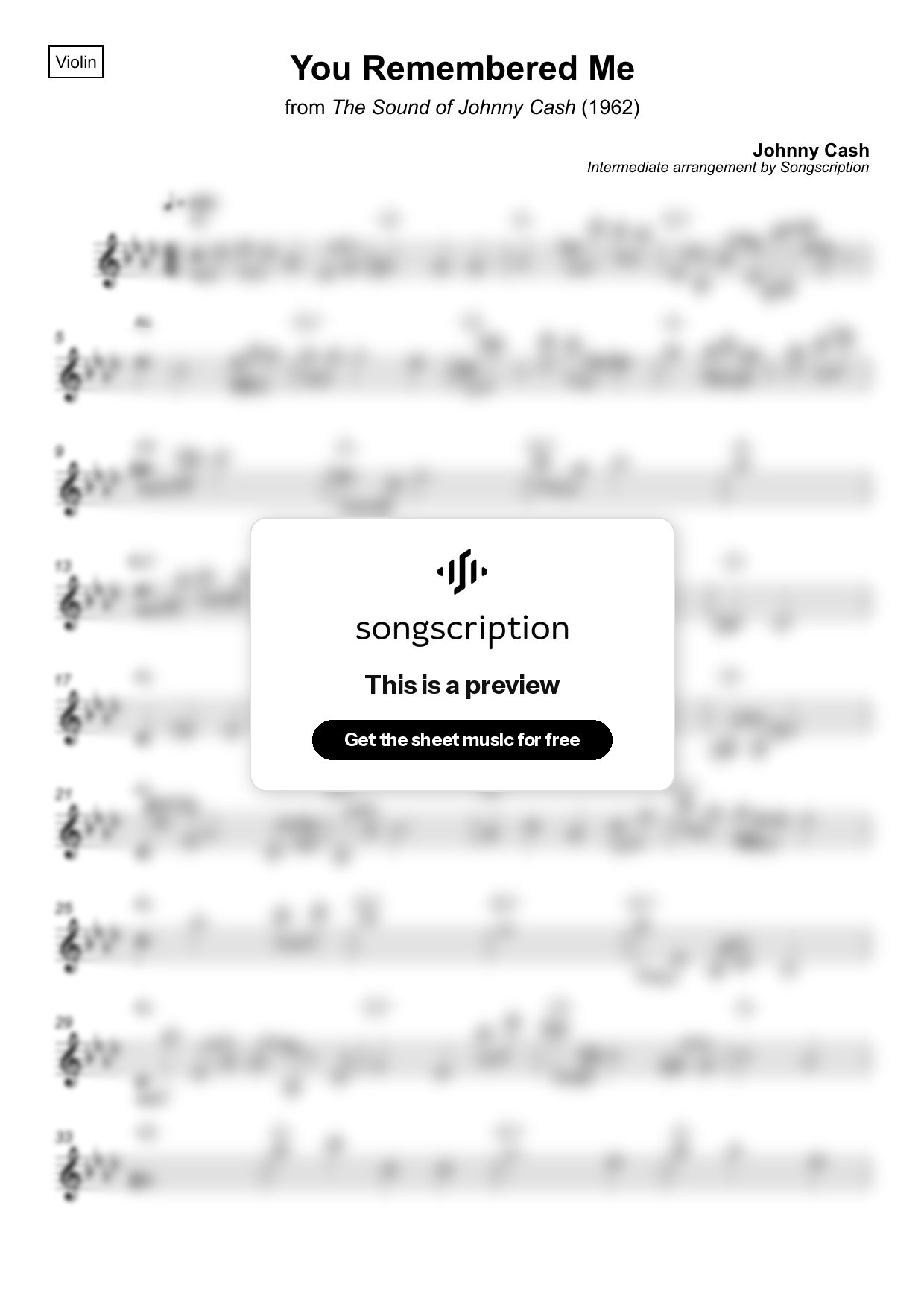 Intermediate Violin Sheet Music for "You Remembered Me" by Johnny Cash