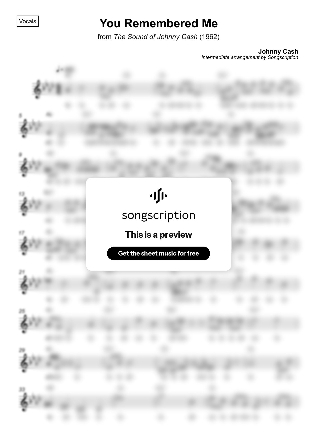 Intermediate Vocals Sheet Music for "You Remembered Me" by Johnny Cash