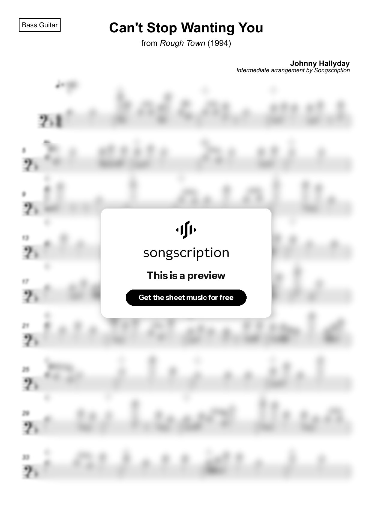Intermediate Bass Guitar Sheet Music for "Can't Stop Wanting You" by Johnny Hallyday
