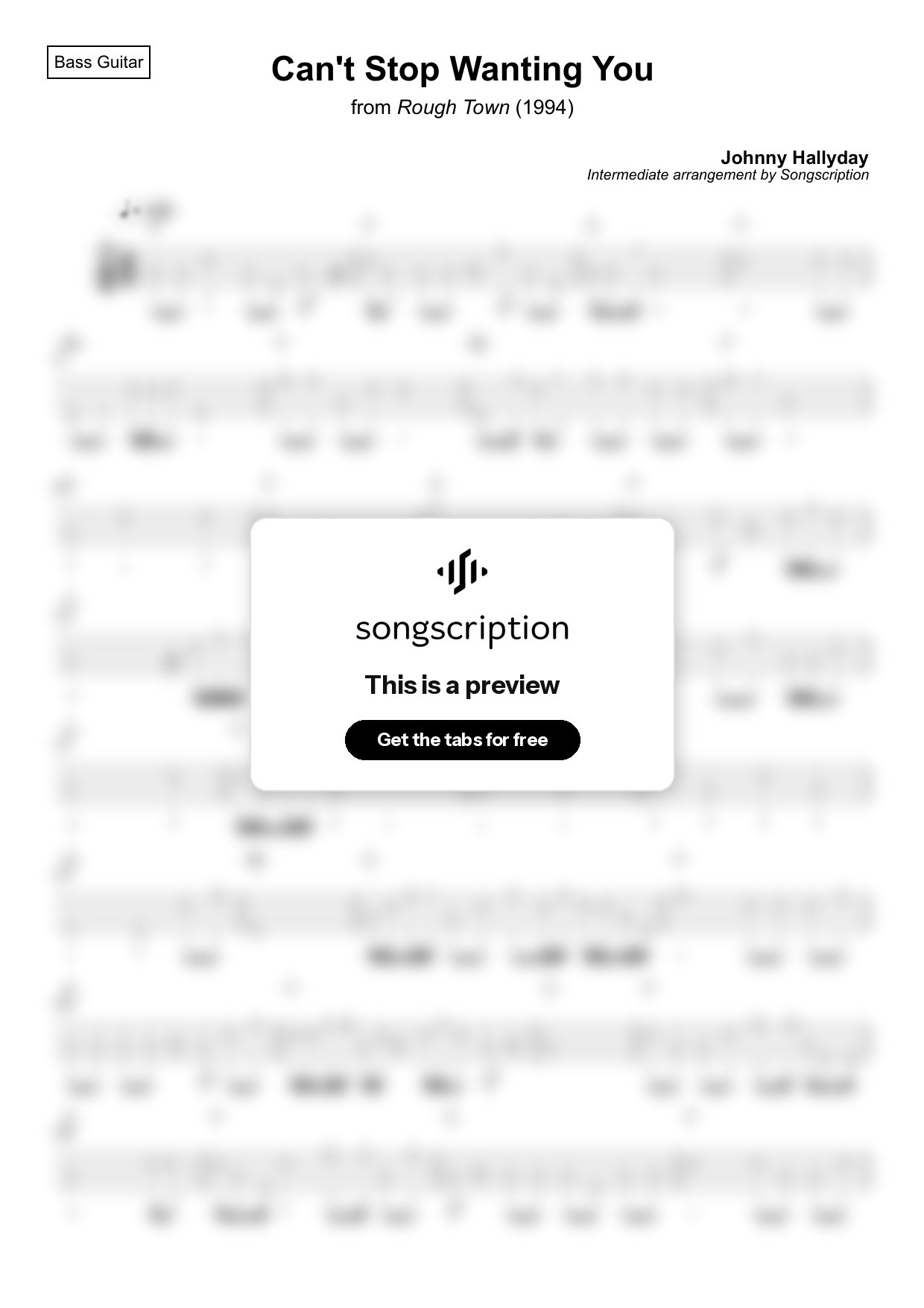 Intermediate Bass Guitar Tabs for "Can't Stop Wanting You" by Johnny Hallyday