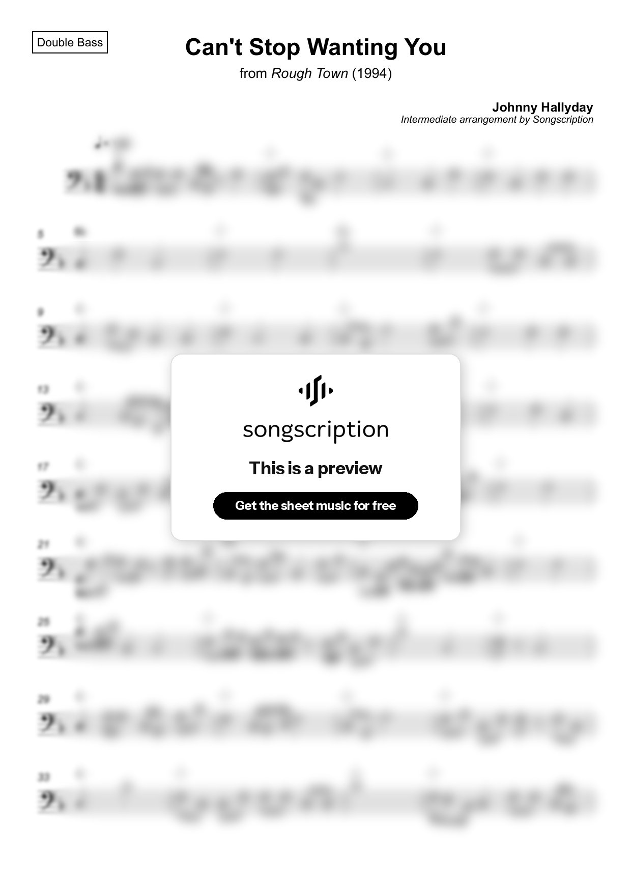 Intermediate Double Bass Sheet Music for "Can't Stop Wanting You" by Johnny Hallyday