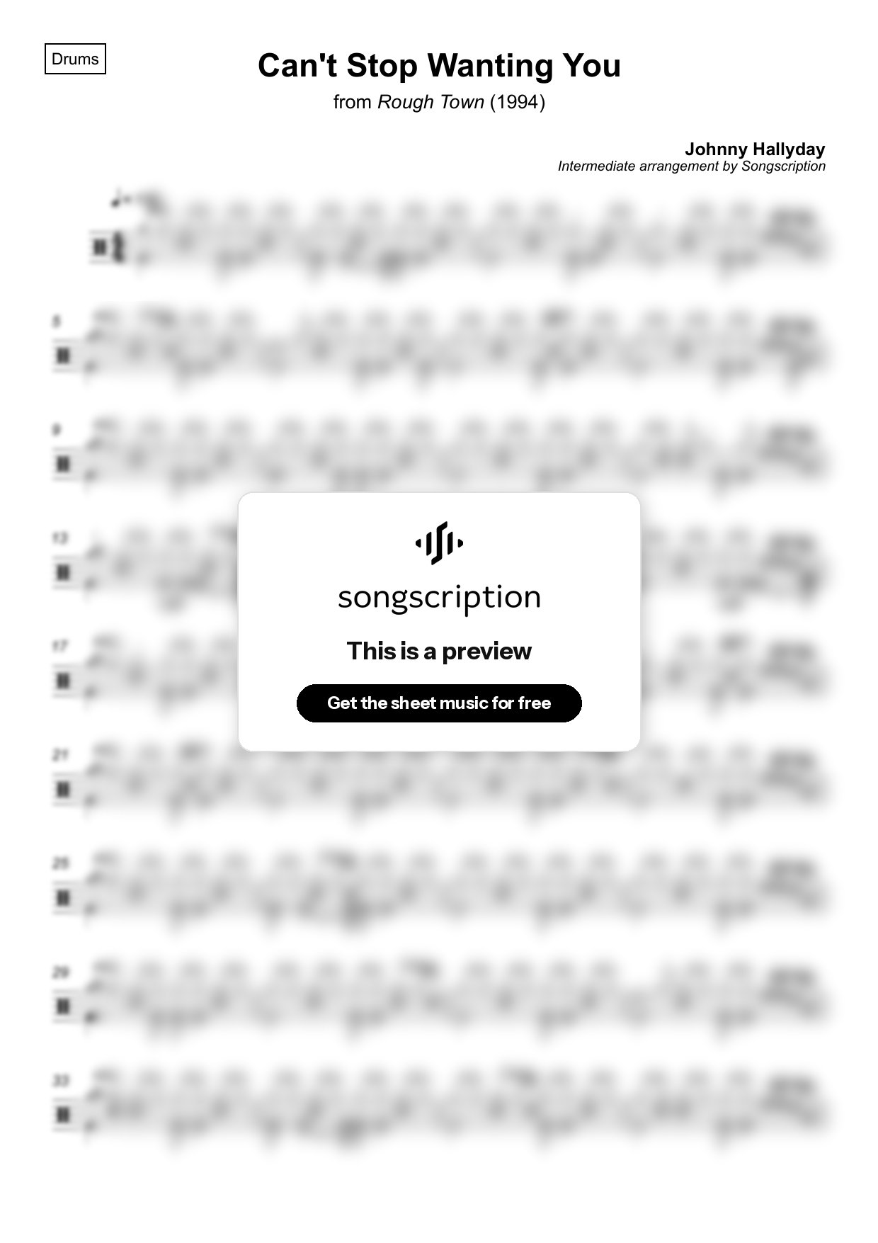 Intermediate Drums Sheet Music for "Can't Stop Wanting You" by Johnny Hallyday