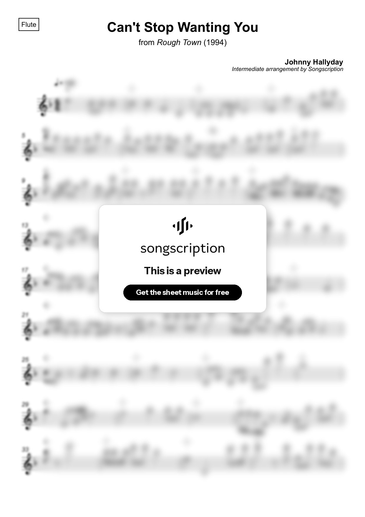 Intermediate Flute Sheet Music for "Can't Stop Wanting You" by Johnny Hallyday