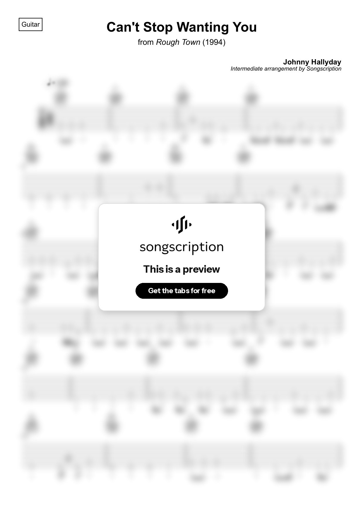Intermediate Acoustic Guitar Tabs for "Can't Stop Wanting You" by Johnny Hallyday