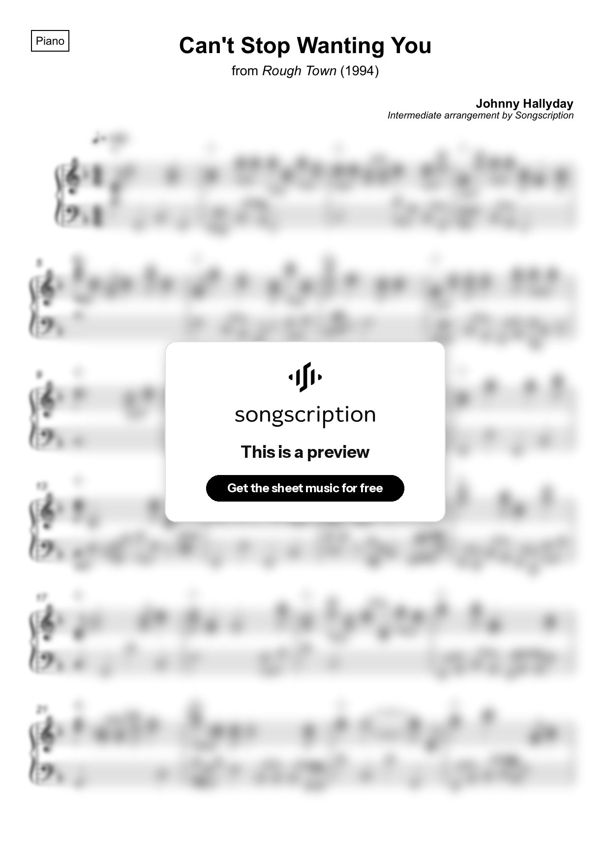 Intermediate Piano Sheet Music for "Can't Stop Wanting You" by Johnny Hallyday