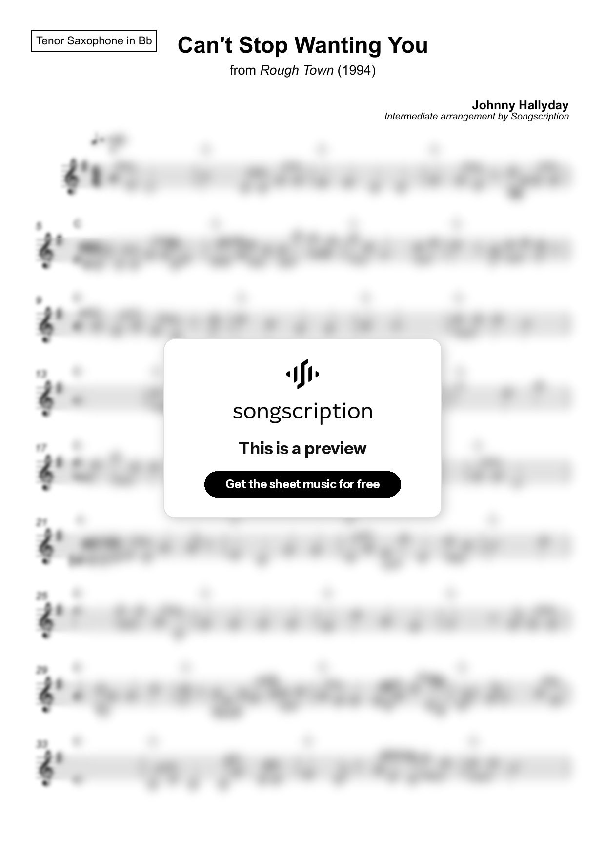Intermediate Tenor Sax Sheet Music for "Can't Stop Wanting You" by Johnny Hallyday