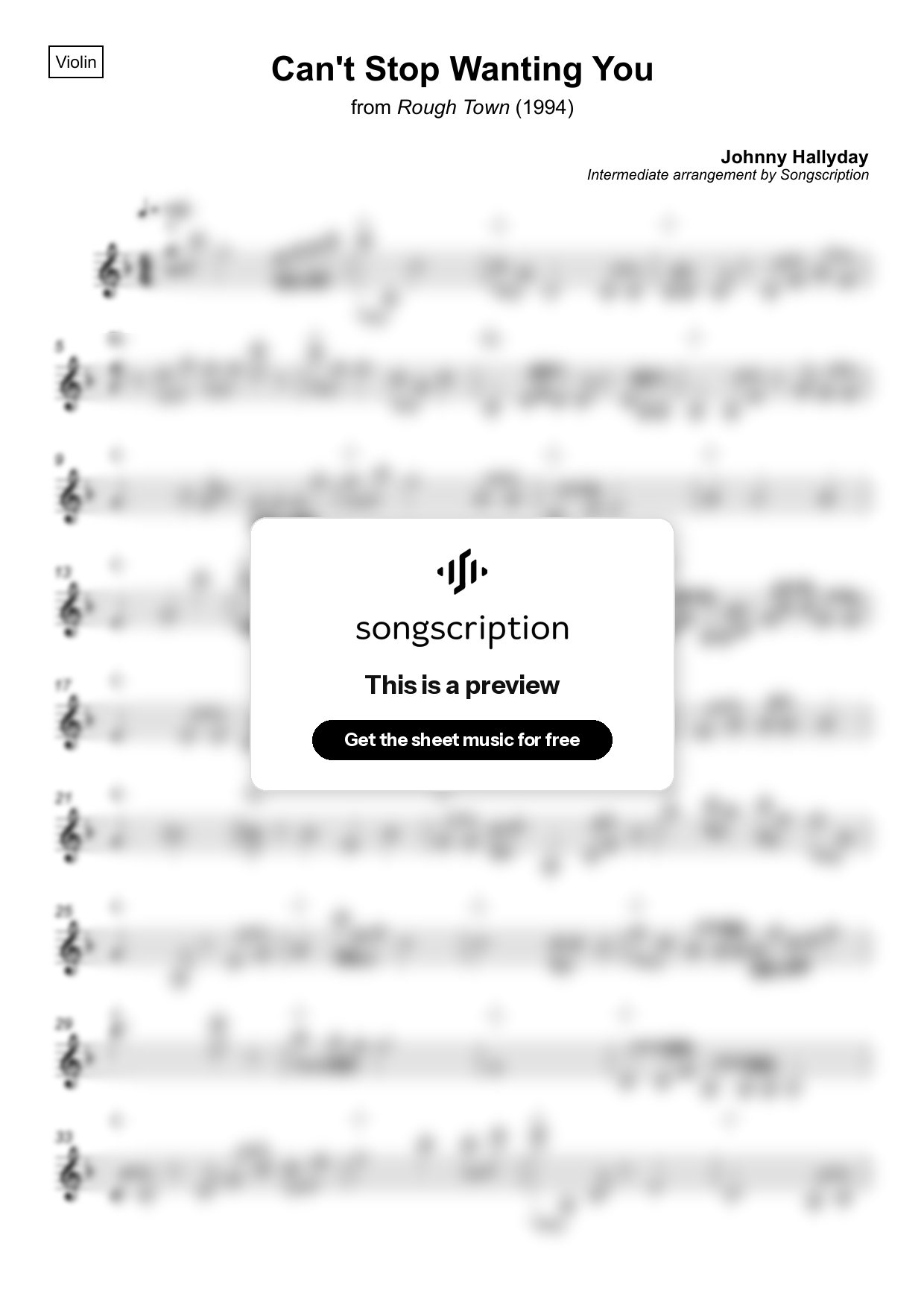 Intermediate Violin Sheet Music for "Can't Stop Wanting You" by Johnny Hallyday