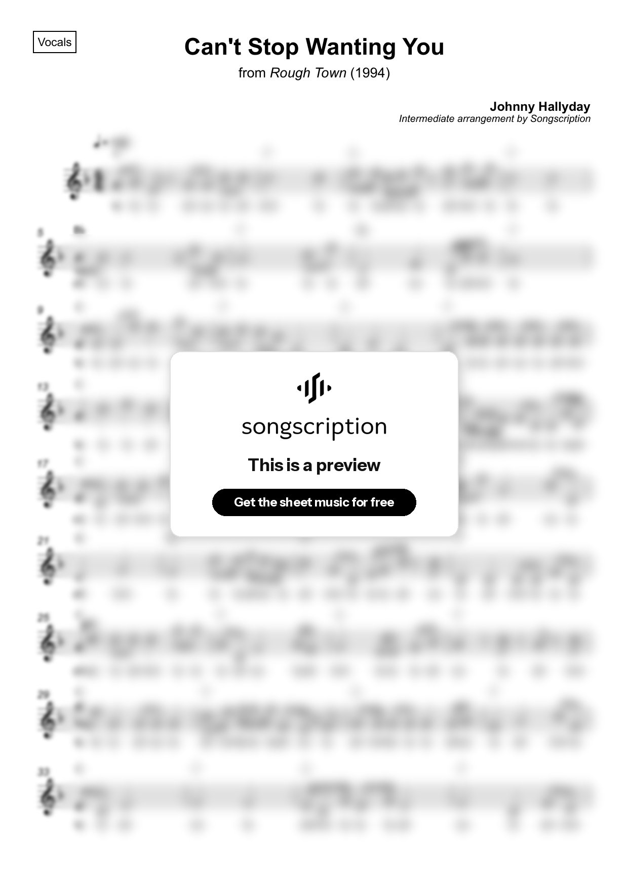 Intermediate Vocals Sheet Music for "Can't Stop Wanting You" by Johnny Hallyday