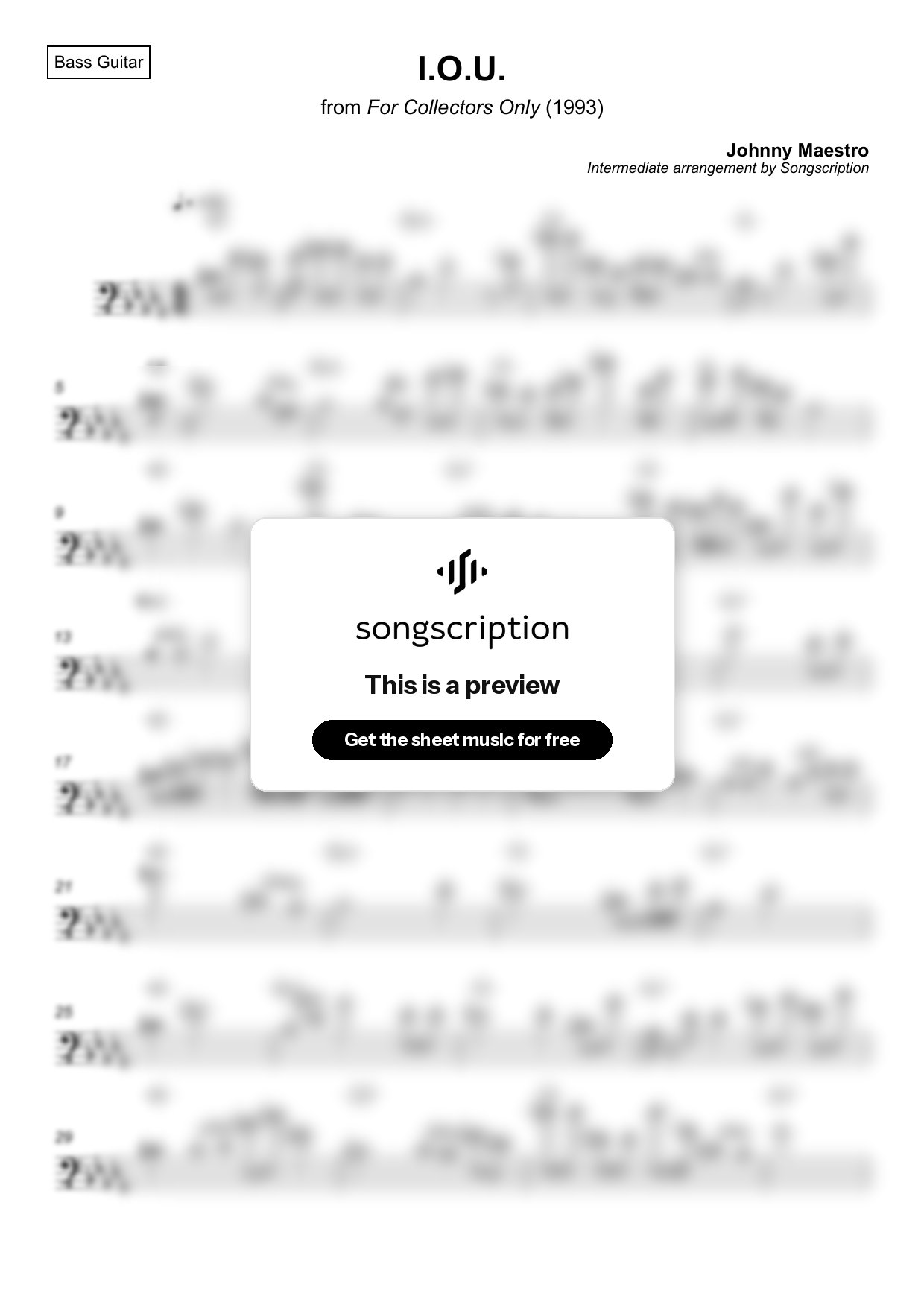 Intermediate Bass Guitar Sheet Music for "I.O.U." by Johnny Maestro