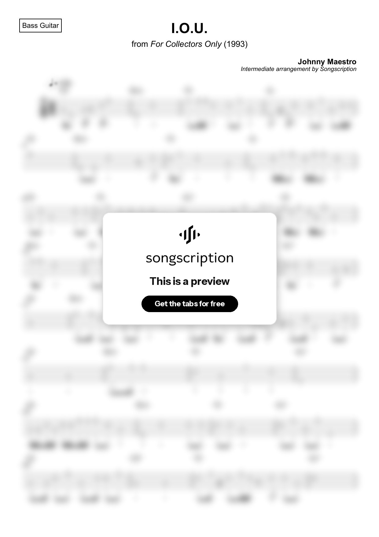Intermediate Bass Guitar Tabs for "I.O.U." by Johnny Maestro