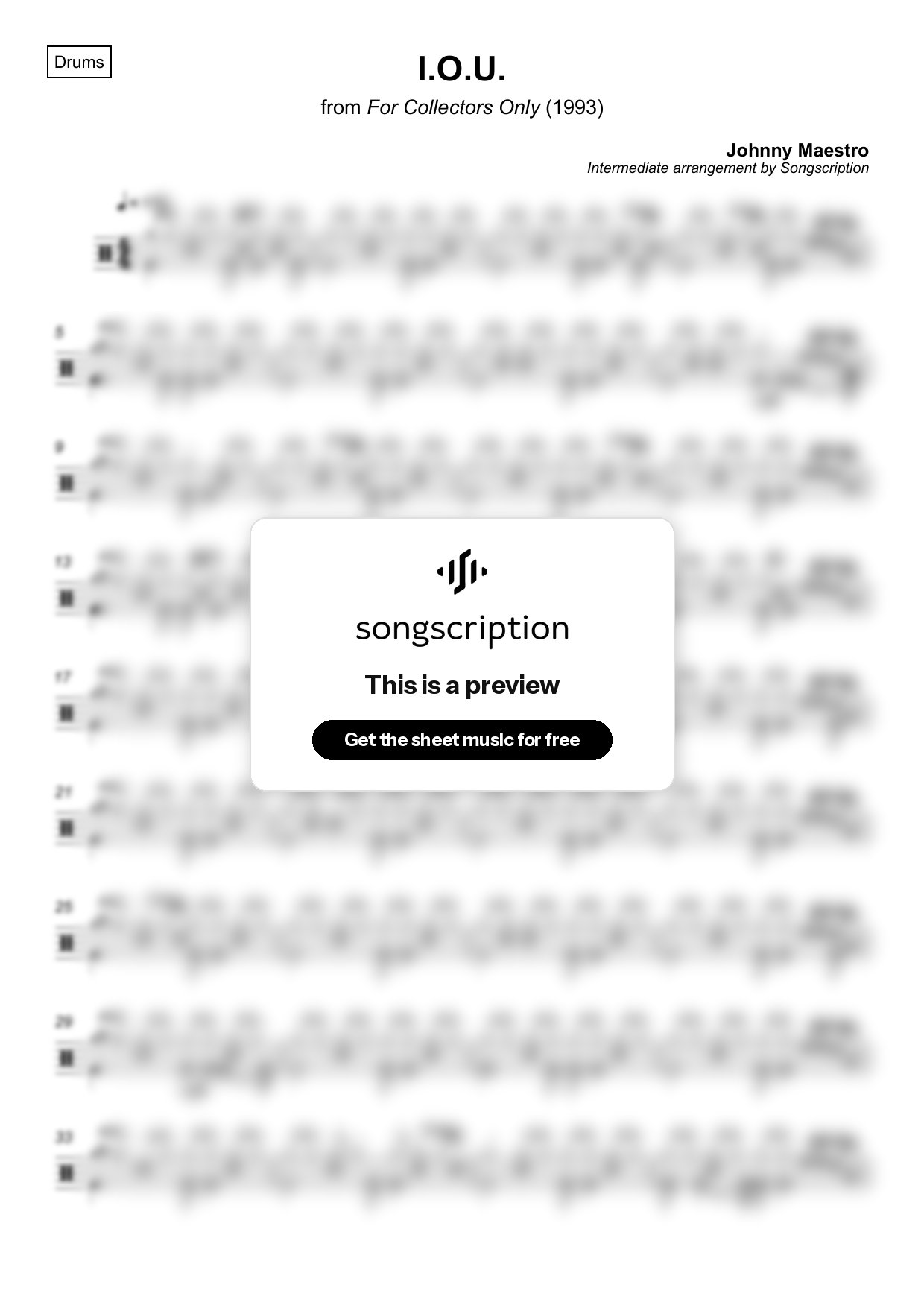 Intermediate Drums Sheet Music for "I.O.U." by Johnny Maestro