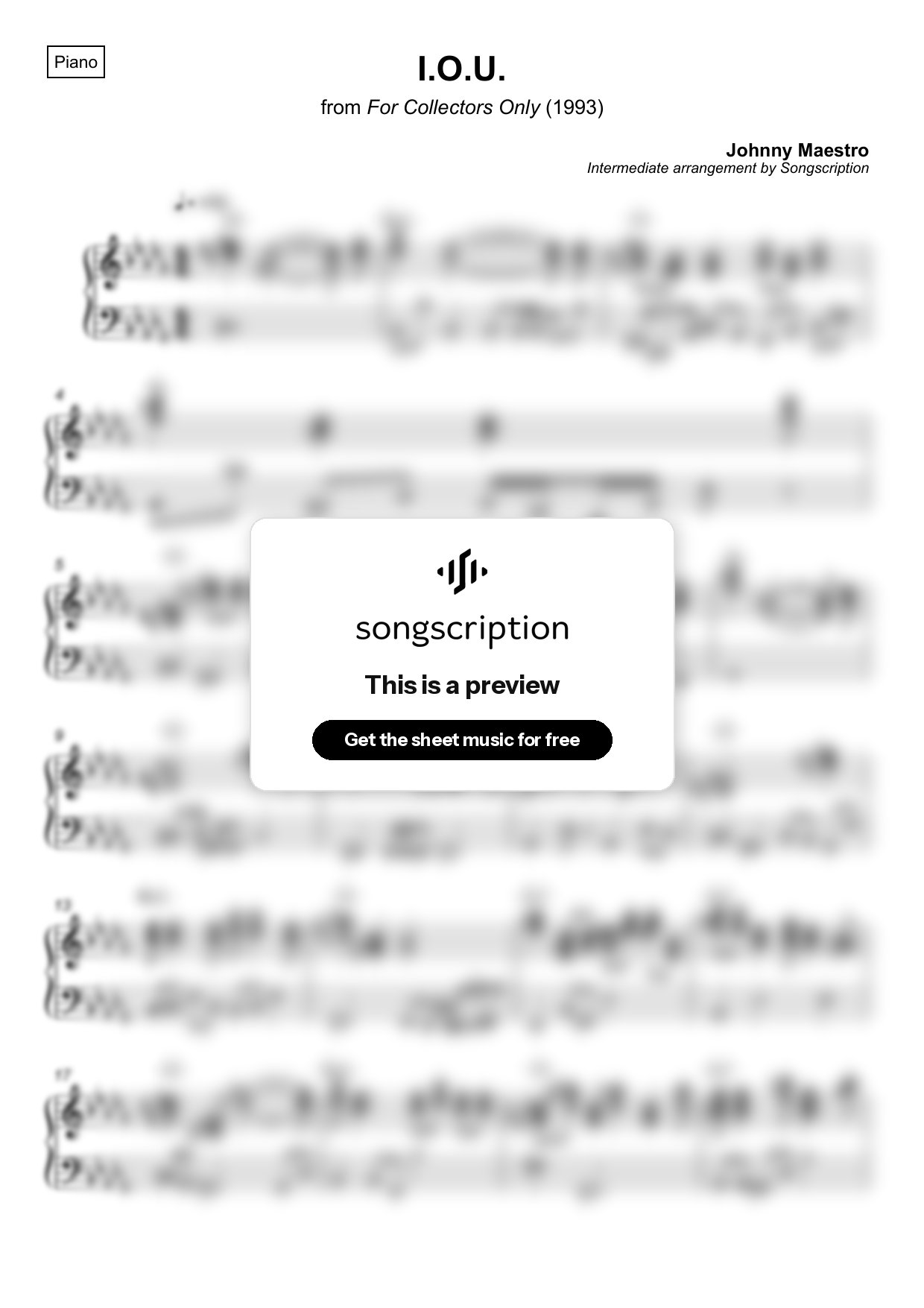 Intermediate Piano Sheet Music for "I.O.U." by Johnny Maestro
