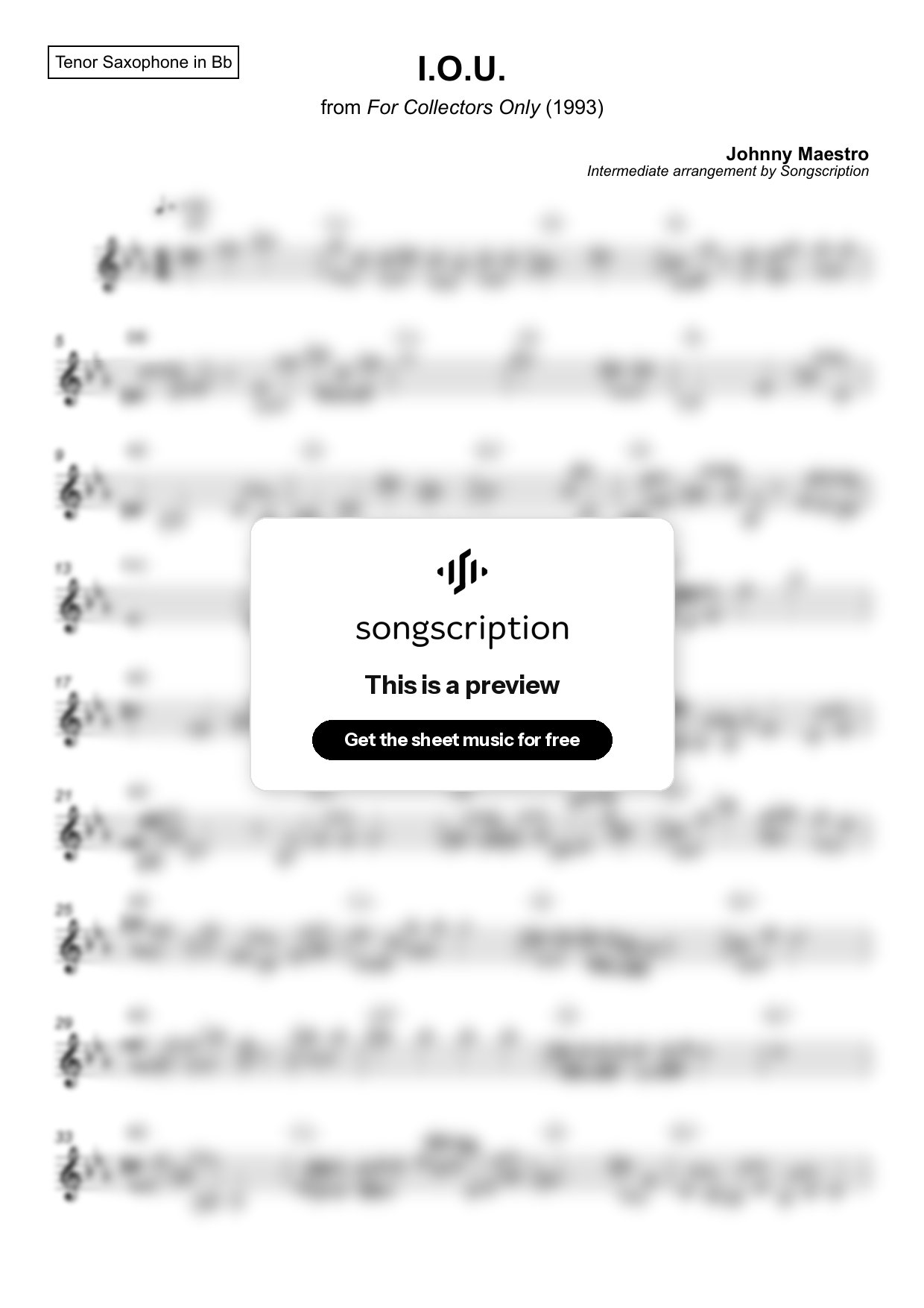 Intermediate Tenor Sax Sheet Music for "I.O.U." by Johnny Maestro