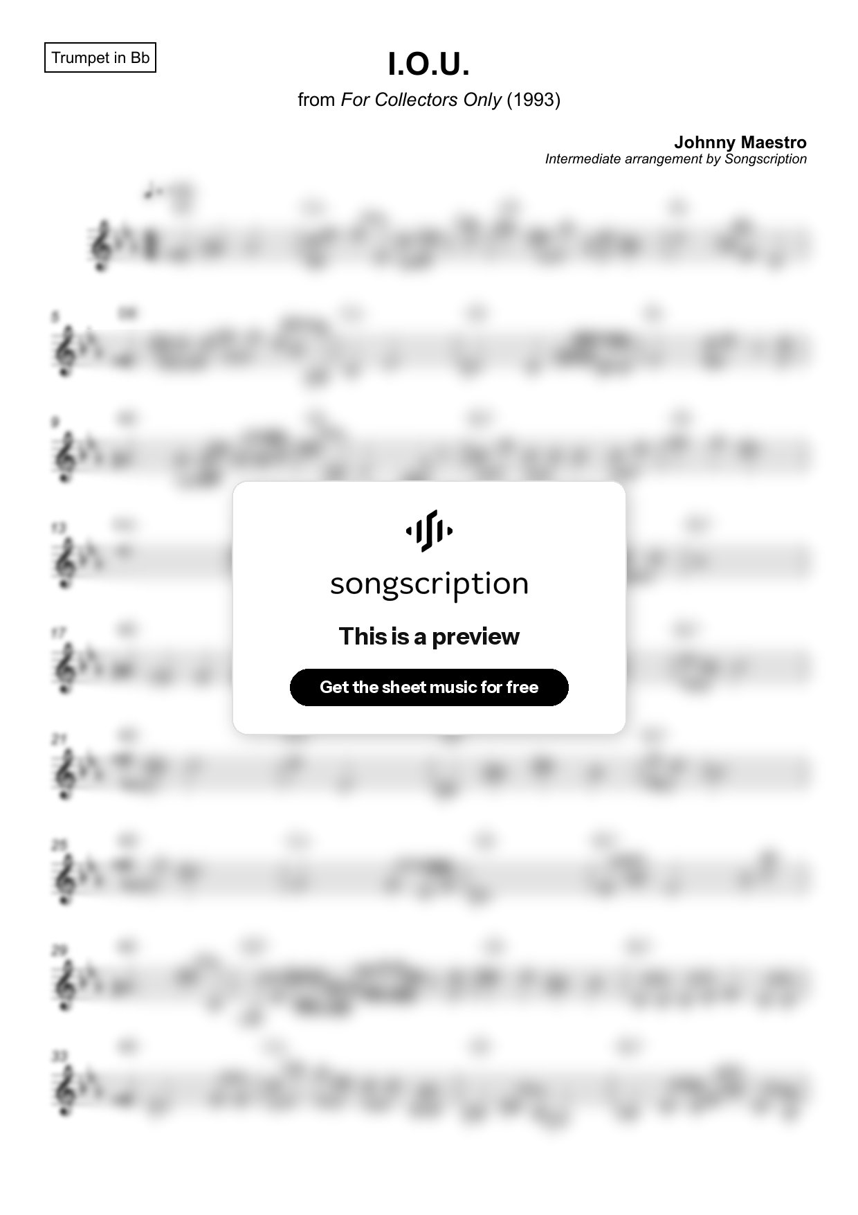 Intermediate Trumpet Sheet Music for "I.O.U." by Johnny Maestro