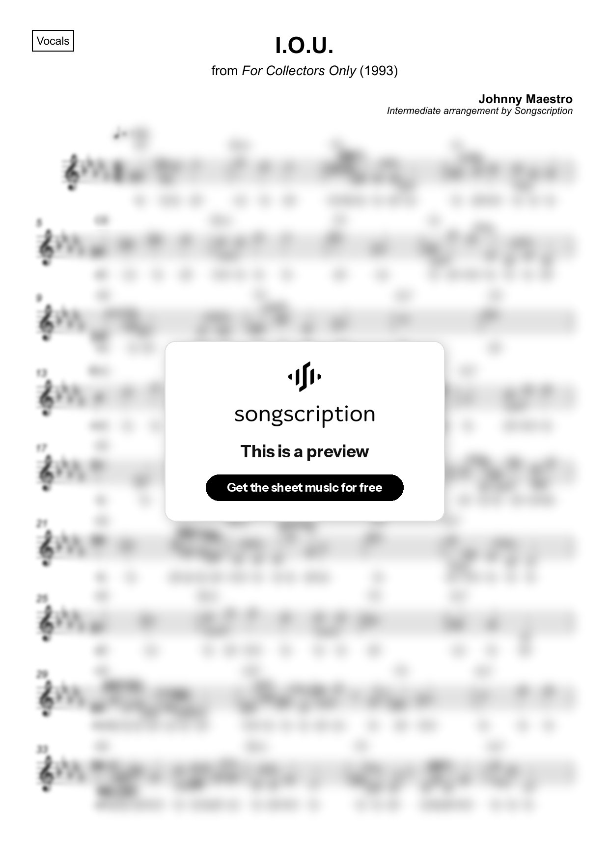 Intermediate Vocals Sheet Music for "I.O.U." by Johnny Maestro