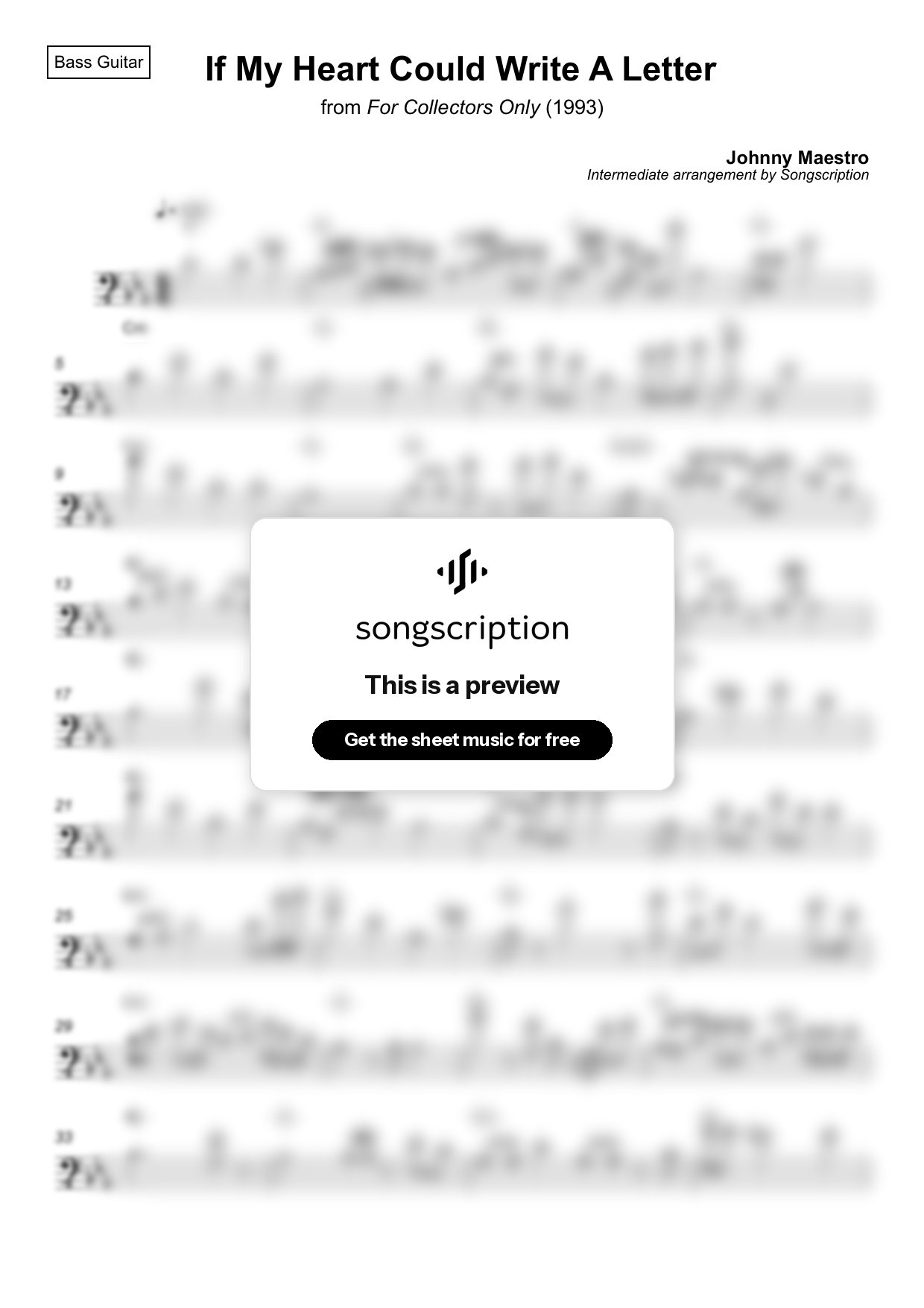 Intermediate Bass Guitar Sheet Music for "If My Heart Could Write A Letter" by Johnny Maestro