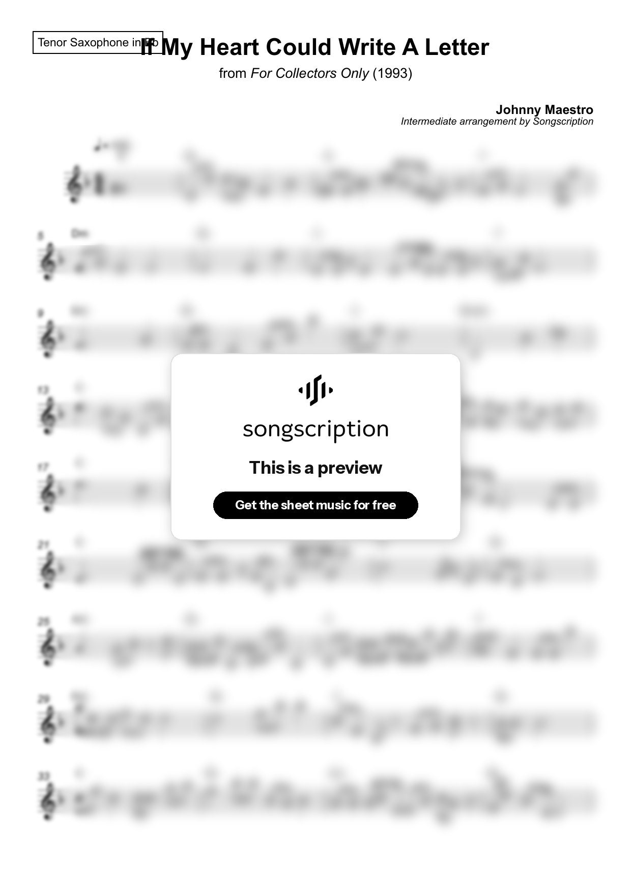 Intermediate Tenor Sax Sheet Music for "If My Heart Could Write A Letter" by Johnny Maestro