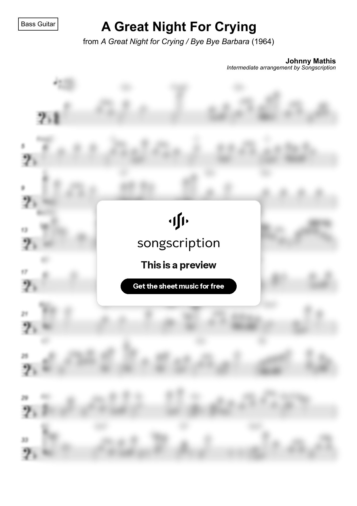 Intermediate Bass Guitar Sheet Music for "A Great Night For Crying" by Johnny Mathis