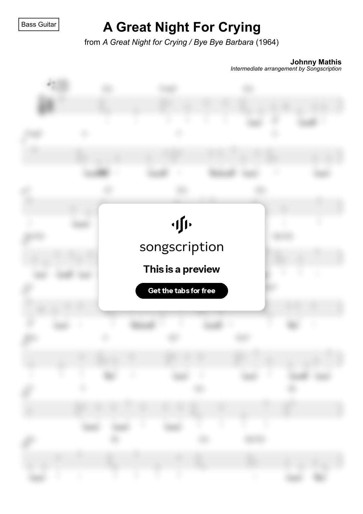 Intermediate Bass Guitar Tabs for "A Great Night For Crying" by Johnny Mathis