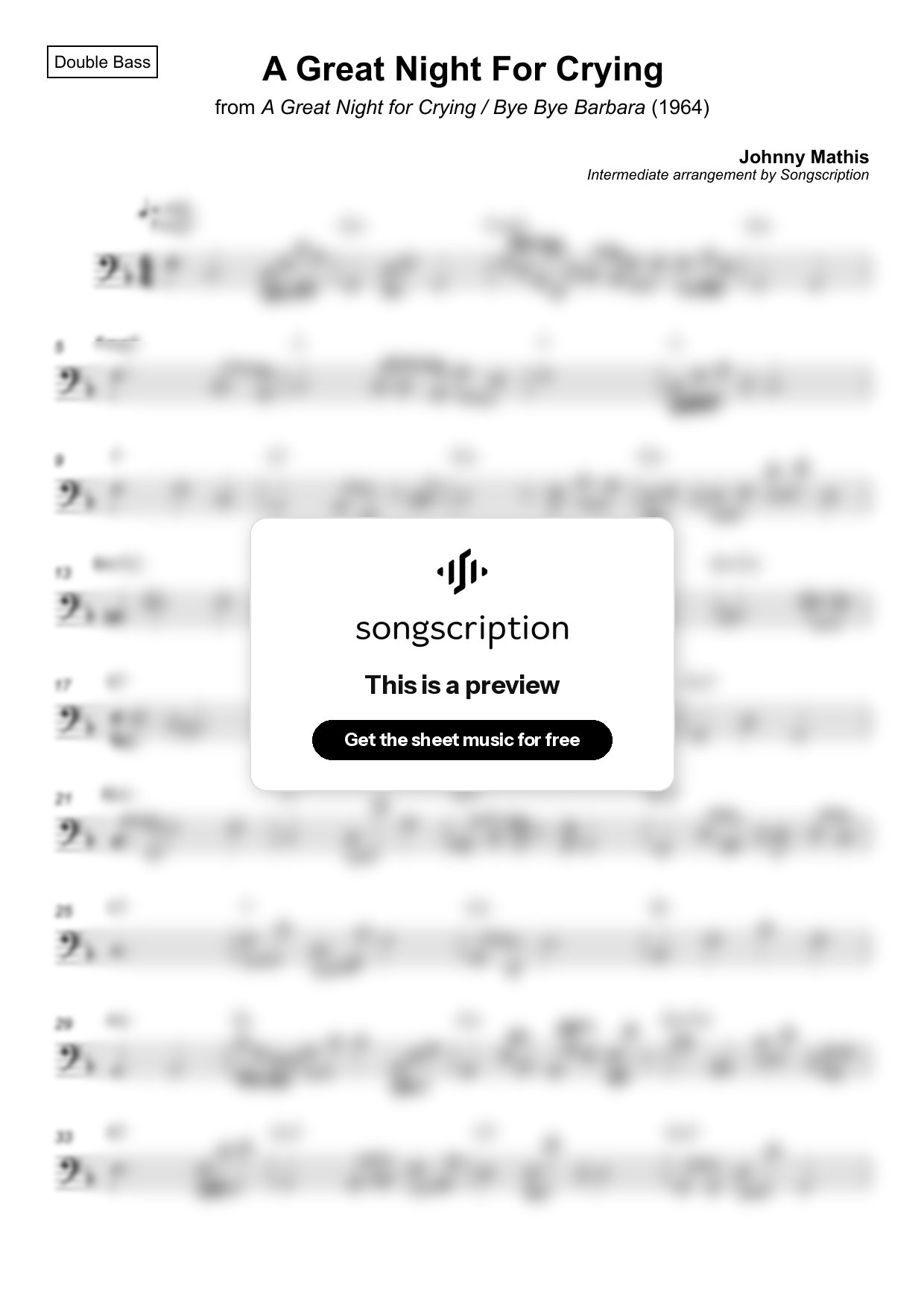Intermediate Double Bass Sheet Music for "A Great Night For Crying" by Johnny Mathis